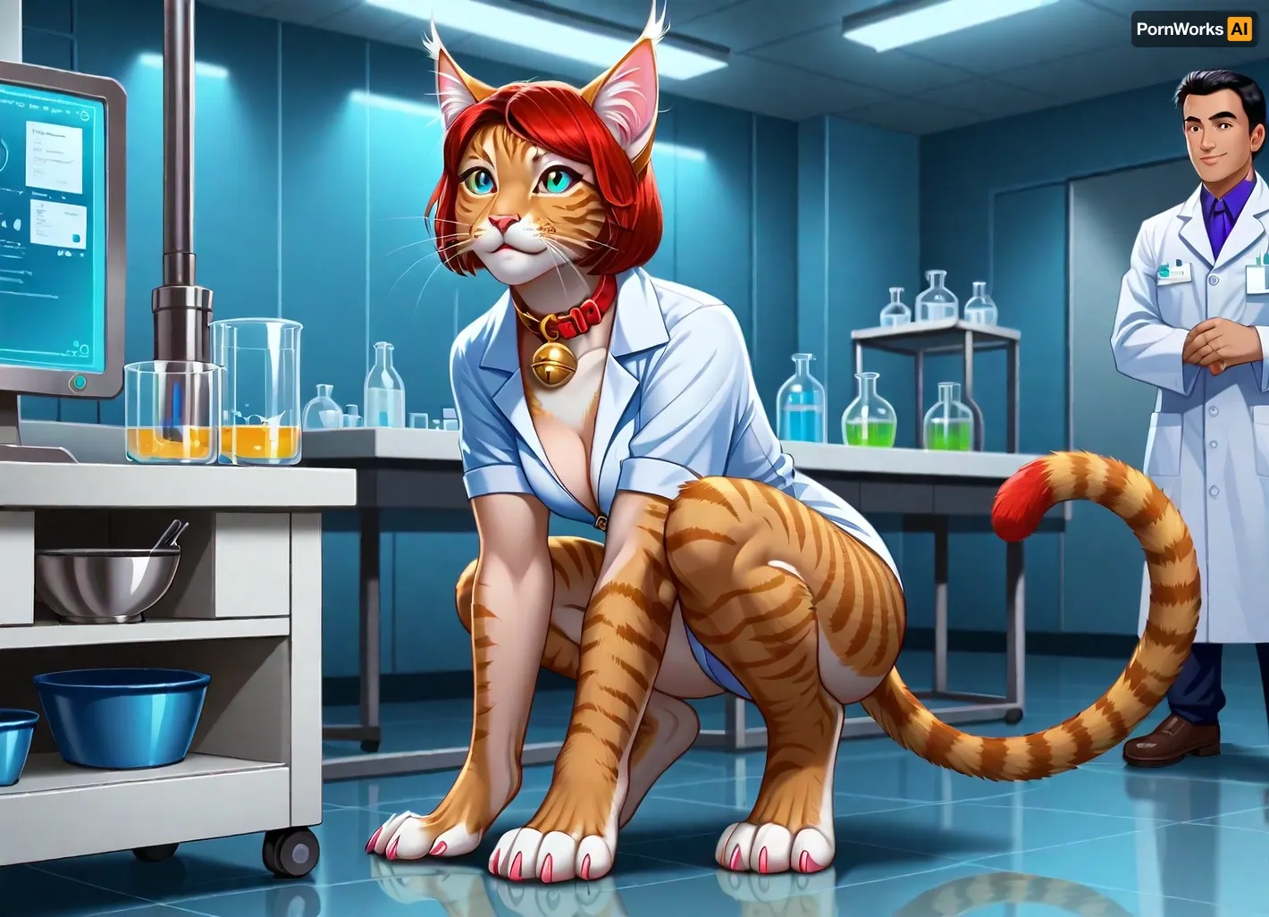 (style of Frank Cho, illustration, digital art, character concept art, cartoon:1.4), , illustration of a 30-year-old woman turning into a catgirl, (mad science lab decor in background), long rose-red hair with with golden undertones, nice crinkled in a mischievous feline grin, wearing a choker with a bell, crouched on all 4 legs, mad science laboratory in background, (catgirl, furry, petgirl, transformation, cat whiskers, feline tail, feline legs, collar with bell:1.2), (science lab, science experiment, hybrid, chimera:1.2), Zip2D, SK_DigitalArt