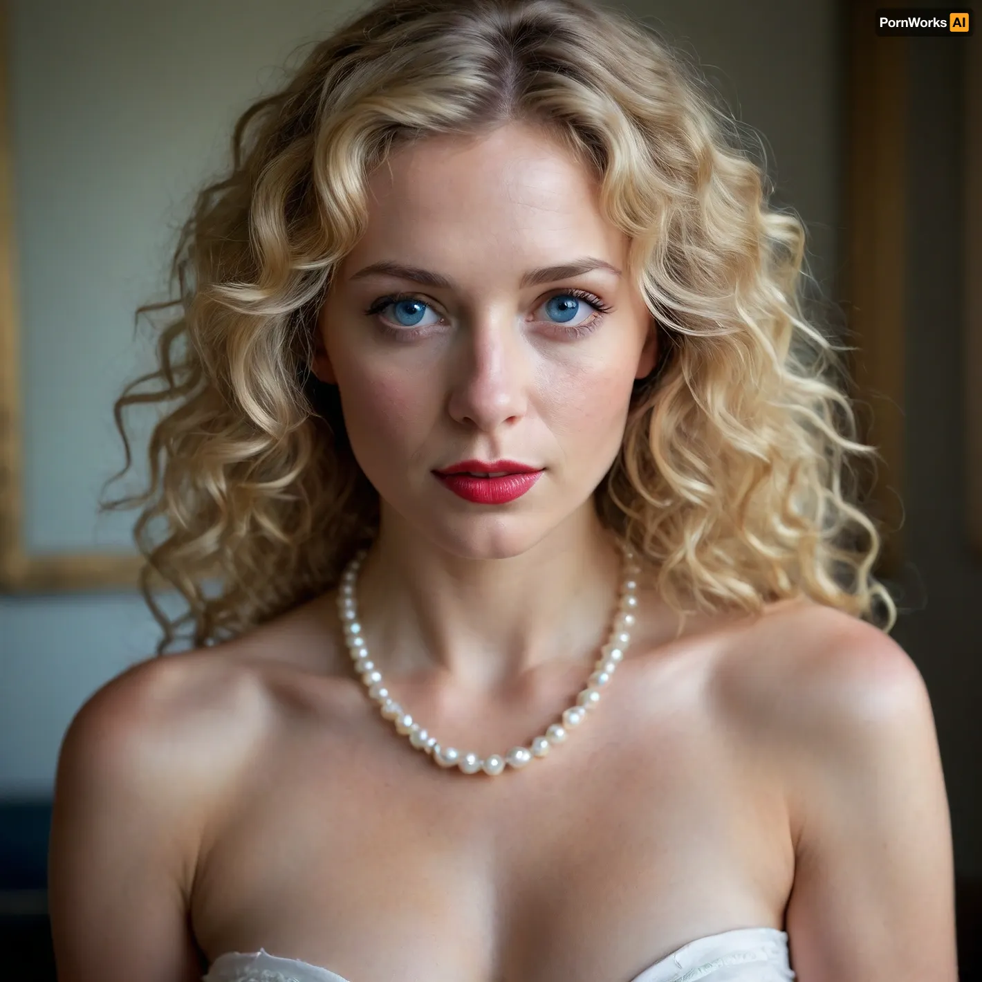 A beautiful woman in her forties with long, golden blonde curly hair cascading over her shoulders and framing her soft, round face. Her expression is a blend of exhaustion and playful mischief, with faint wrinkles at the corners of her piercing blue eyes and full red lips. Small drops of yogurt trail sensually down from her lips to her chin and hands, adding a provocative yet subtle detail to her look. Her nose is prominent, round, and balanced within her soft facial features.

She wears an impossibly long pearl necklace that wraps around her neck several times before cascading down her chest, waist, and pooling gracefully at her feet. The pearls glisten softly in the minimal light, creating a stark contrast to the dimly lit room. Her fingers delicately toy with the pearls, twisting and sliding them between her hands with a sensual rhythm. In her other hand, she lightly holds a banana, its vibrant yellow skin contrasting with the muted tones of her surroundings.

The lighting is dim and dramatic, casting soft shadows across her face and body. The atmosphere is intimate and mysterious, with the faint texture of the rough, unpolished floor visible beneath her. The scene is framed with a moody, cinematic quality, emphasizing the interplay of light and shadow. Her expression remains inviting yet enigmatic, the soft curves of her body highlighted subtly by the delicate glow of the pearls and the faint sheen of her skin, blonde hair, long curly hair, round face, faint wrinkles, blue eyes, red lips, yogurt droplets, pearl necklace, toying with pearls, banana, dim lighting, dramatic shadows, soft curves, minimal light.
lora, (long_curly_blonde_hair:1), lora, (pearl_necklace_lora:1), (moody_lighting_lora:.8), soft_curves_emphasis, 1.2.