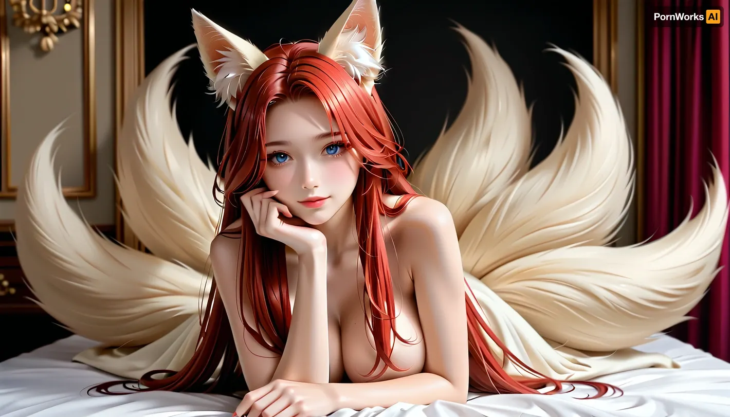 masterpiece, best quality, highly detailed, skinny woman, 154cm hight, 50kg weight, red hair, long hair, fox ears, fox tail, multiple tails, huge breast, (huge chest:.9), solo, nacked, sexy, bare legs, Shy, smile, doggystyle, beautiful, legs spread wide, knees on bed, complete body, back view, <lora:Hegre-Nude_woman-000001:.5>