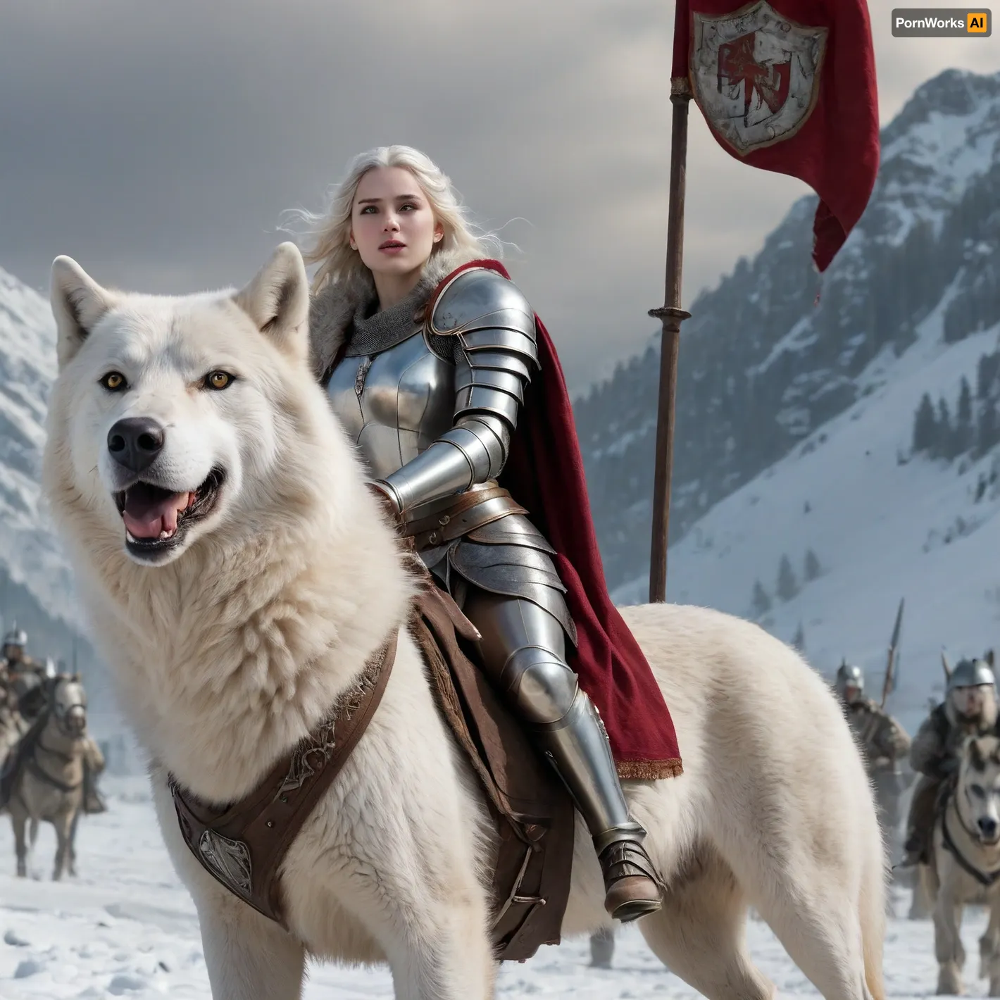 Le gardien du loup blanc

- Oui.

Une jeune femme, à peine âgée de 30 ans, était grande dans l'armure de son chevalier argenté. Ses seins fermes se sont serrés contre le courrier à plaques, et ses tétons raides ont culminé sous son armure. En tenant un bouclier dans une main et une épée dans l'autre, elle conduisit son loup blanc-neige à travers le champ de bataille médiéval. La bannière de son armée s'est mise derrière elle alors qu'elle se préparait au prochain affrontement. La visière de son casque était baissée, cachant son visage déterminé.