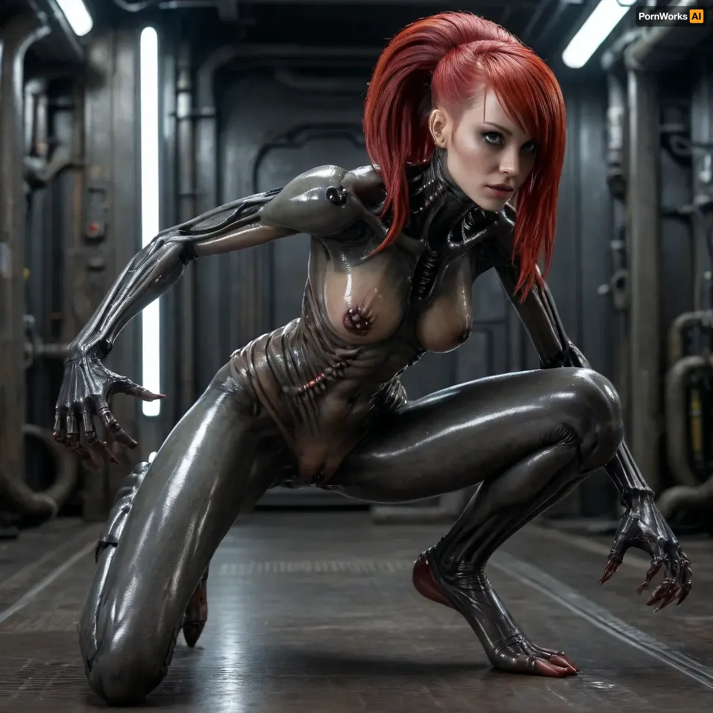 Xenomorph alien Girl, (human face, alien arms end leggs, tits and pussy naked, covered in oil, full Body visible), Doggystyle fucking Cyberpunk Android girl, cyberpunk Android girl, HAIR, (Red hair, Undercut), OUTFIT, (Cyborg mech suit, DARK Eyeliner, Long eyelashes), POSE, (squatting, feet together and knees apart), Xenomorph, <lora:Xenomorph v2:.8>, <lora:CyborgMechExosuit_v1.5:.3>