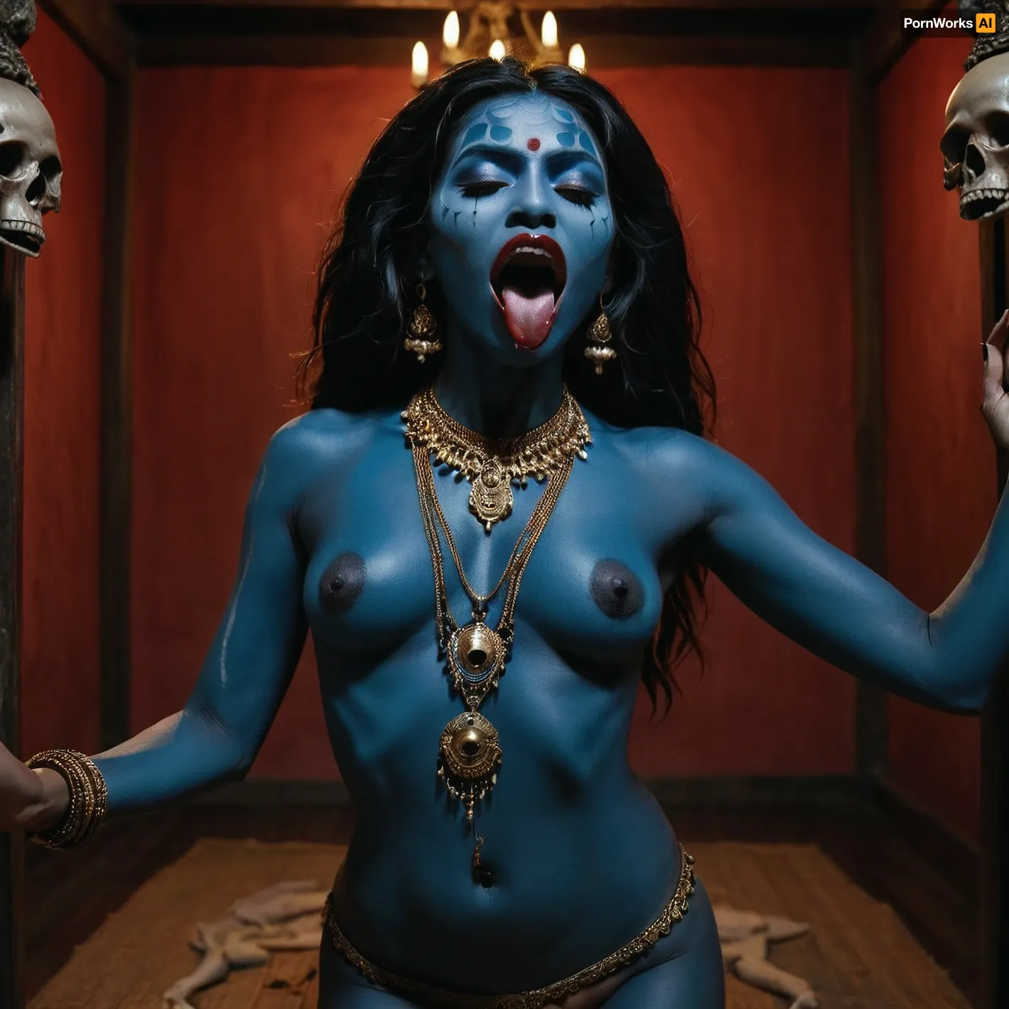 There is 1 woman in the frame. Goddess Kali dances naked. Blue skin. A mouth with sharp teeth, a long tongue, and beautiful bare breasts. The nipples on the chest look down. A severed head is in his hands. She wears a necklace of skulls around her neck., <lora:gossghost:.5>