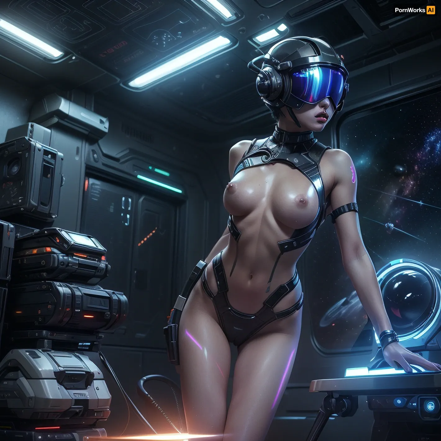 ((ultrarealistic 2020s SciFi movie frame, sexy 21yo unique beauty, naked, skinny, short hair, sexy legs, small breasts, pussy)), Movie scene, scifi ship, colorfull profesional lights, (space pilot helmet, holographic visor), <lora:Cyber skin:.2>