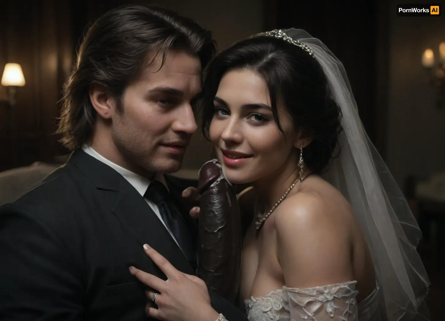 interracial, (pov of black penis), (((1white cuckold husband in suit is behind the bride hugging the bride))), very large black penis, The happy chubby Persian bride in sexy wedding dress, cum driping bride's chain' cum driping from black penis, (((sperm in from transparent glass cup, there is glossy and sticky sperm in cup:1.2))), cup full of sperm, cum swallowing, cum dripping from the corners of her lips, The woman holds the cup under the black cock., <lora:671410_training_data:.8>, <lora:dark:.5>, happy, <lora:happy_v2:.8>, romantic_couple_poses, <lora:1365620_training_data:.8>