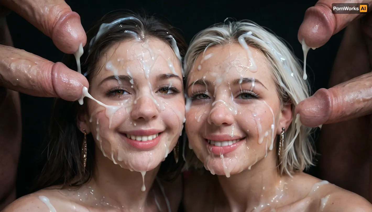 2 white mature curvy women, smiling, eyes open, (Cum details), realistic cum, Prominent cum, (white cum:1.7), cum on, (Cum flows:1.2), (cum on body:1.3), cum on head, (cum on face:1.3), bukkake, ((body covered with semen)), black room, black background, cum, face, Face covered in cum, (A lot of cum:1.5), 3+men, surrounded by dicks, <lora:JustCum:.7>, <lora:cum_in_eye_deepmind:.8>