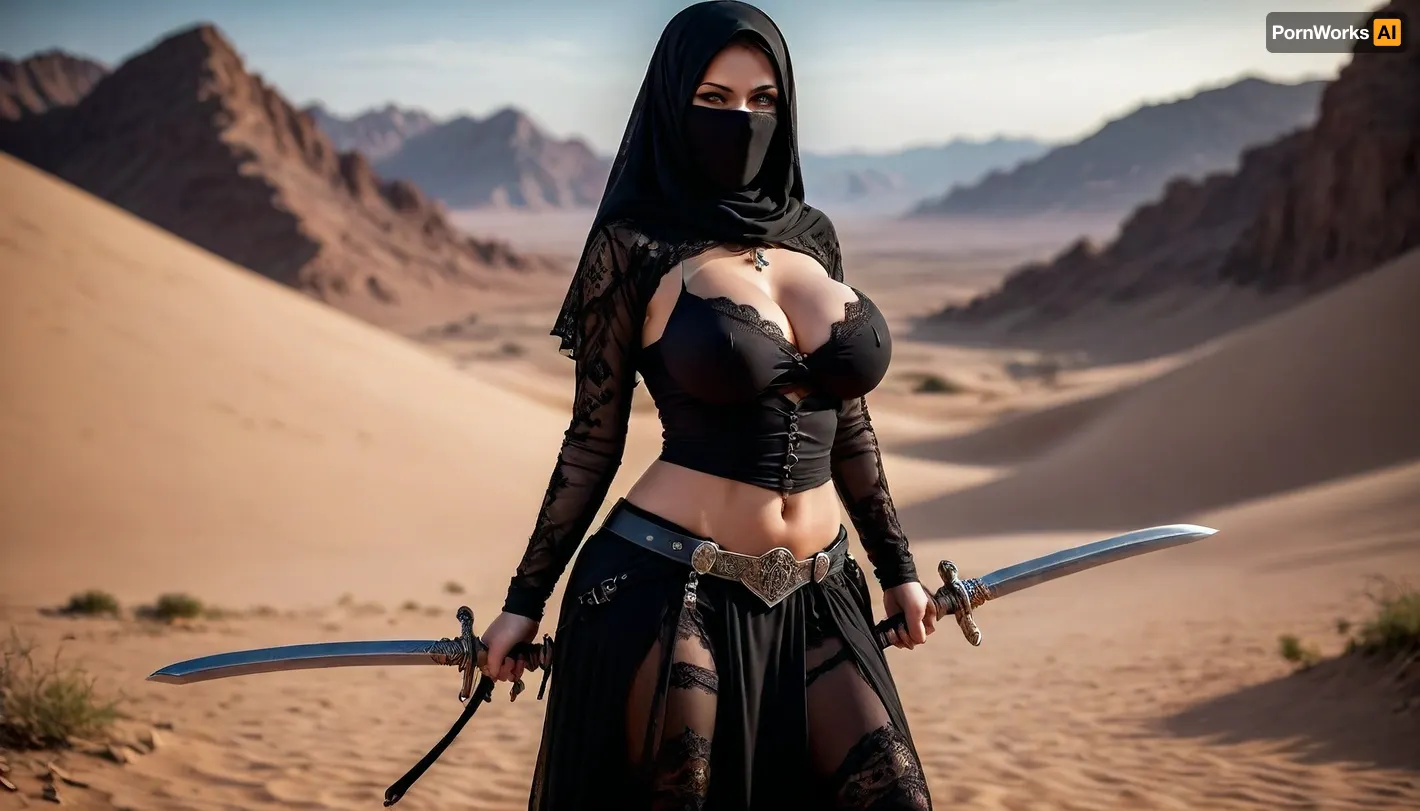 Dark Fantasy Art of, an assassin in a black burka covering her face burka style, blue eyes, massive breasts, detailed relief breasts, dark, moody, dark fantasy style, burka, black lace bra, perfect figure, garter belt as knife holder, oriental sword armed, sword swinging over head, ready for battle style, desert landscape, wide pelvis, big tits, beautiful long legs, ohwx, woman, full view, posing, <lora:SDXL_GigaTits:.6>