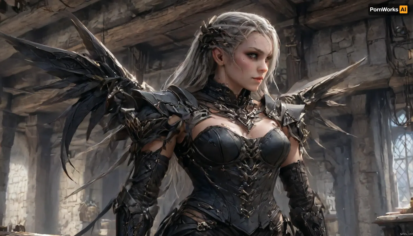 one nordic female human half_dragonrace, Mour from Skyrim, slim female ultimative super warrior, 25 year old, no_nude, nonude, pale skin, bra size 75C, metric body size 170cm, black Side Cornrows, skin made of dragon scales, female predator, dominant facial expression, highres ultra dedailed dragon wings on back, (inside medieval stone basement with cobwebs and standing coffin in background), (wearing tavern wench corset), (artwork, digital painting, concept art, by syd mead, flat colors), braided, side, VALHERO, <lora:concept_art_syd_mead:.6>, <lora:Braided_Sides_V1:.8>, <lora:Heroes_of_Valhalla_SDXL:.6>, <lora:Mecha_Ggorgeous_Armor-000011:1>, <lora:ahxl_v1:.6>