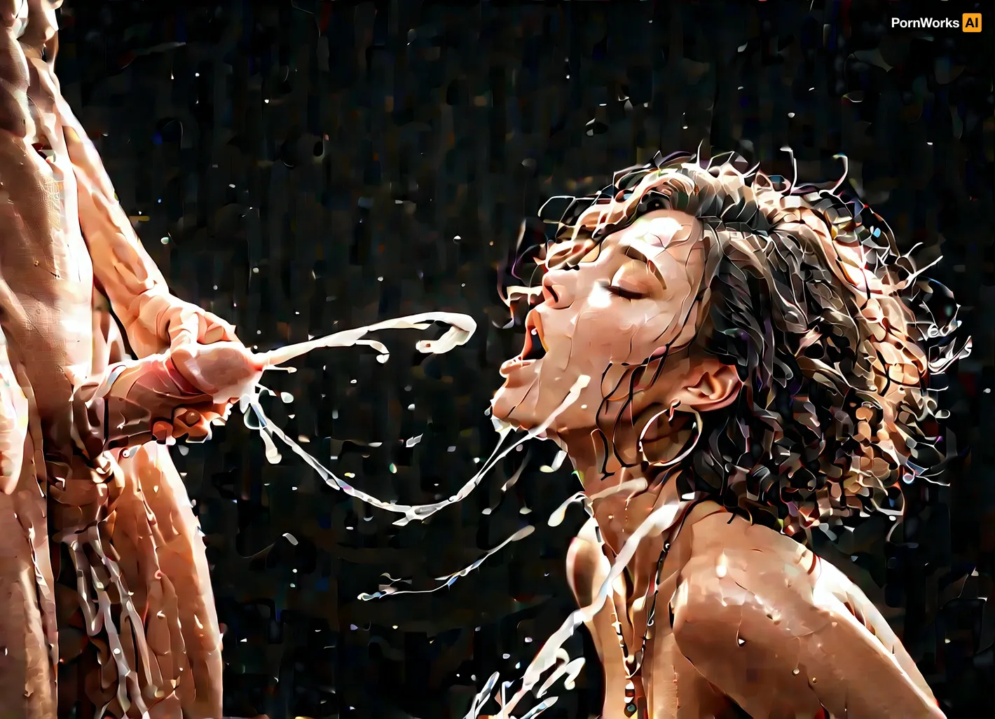dark room, black background, 1man, 1woman, woman is jerking off man, eyes closed, moaning, (ejaculation:1.9), .