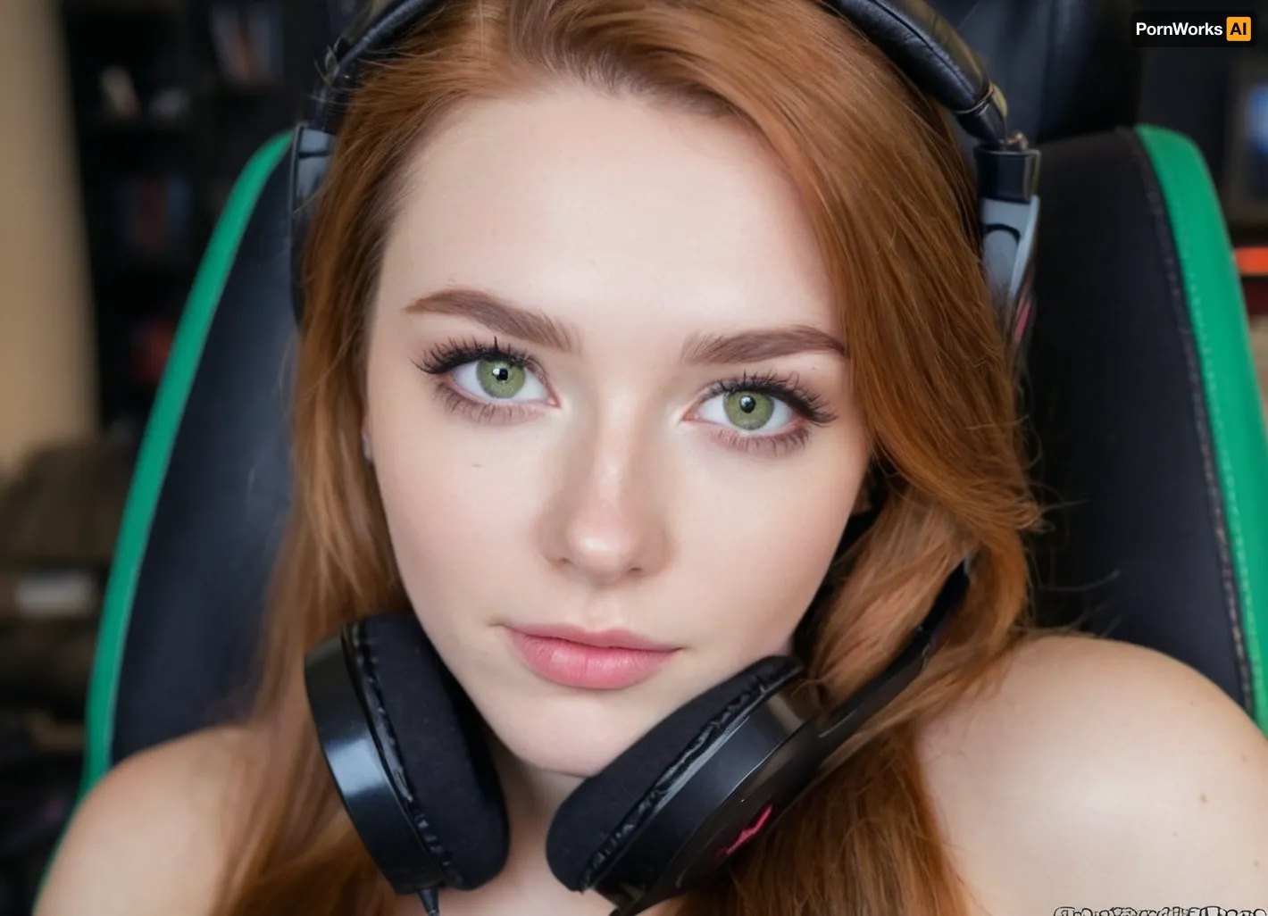 (18 Year old gamer girl:2), (headphones, twitch streamer, sitting in a gamer chair:1.5), (Irish, pale skin, freckles, freckles on face), (web cam snapshot, portrait, face portrait with emphasis on her eyes, close up of face, fisheye lens:1.5), (ring lighting, ringing lighting reflected in eyes), (Scandinavian and Irish features), (photorealistic, photo realistic, photorealism, photo realism:1.8), (4k, 8k, 8k resolution, best quality, ultra quality, highest quality, maximum quality, uncompressed, raw source photograph:1.2), (same color eyes, symmetric eyes, matching eyes, detailed eyes, detailed iris, detailed pupils, limbal ring around iris, perfectly round iris, perfectly round pupils:1.4), (detailed skin, high detailed skin, intricately detailed skin, perfectly detailed skin, high quality skin, highest quality skin, exquisitely textured skin), (intricate clothing, detailed clothing), (microblade eyebrows, perfectly manicured eyebrows), (flushed cheeks, flushed neck, blushing cheeks, blushing neck), (overfilled lips, juicy lips, filled lips, puffy lips, glossy lips, her thick wet lips are slightly parted, nervously biting lower lip, lip bite, lip biting), (casual makeup, subtle makeup, natural makeup), (narrow jaw, delicate jawline, pointed jaw and chin, heart shaped face, pixie face, fairy face, fae features, extremely feminine face, round face, chin, mouth, high cheekbones, sharp cheekbones, faint vellus hairs, cute tall tall tall dimpled cheeks), (upturned button nose, upturned nose, delicate nose, nose), (long hair, wavey hair, loose hair framing her face, messy hair, tousled hair, bed hair, sex hair, dark ginger hair with dark roots), (eyes slightly crossed, big eyes, wide eyes, doe eyes, slightly wide set eyes), (striking eyes, captivating eyes, mesmerizing eyes, fae eyes), (pale green eyes with golden flecks), (huge breasts, large breasts, large natural breasts), (athletic body, sporty body, lean body, muscular body, muscle shoulders, defined shoulders, rock climber body), (close up portrait of face, tight closeup of face, closely zoomed in on face, tight in on face, extreme closeup), (looking straight into the camera, looking straight ahead, head slightly raised, gazing lovingly straight into the camera, looking down on her from above), (she's in love, adoring gaze), (no nudes, nonnude), (relaxed posture, casual pose, casual outfit, casual attire, casual underwear), (loving expressing, adoring expression, joyous, joyful, pleased), (girlfriend, girlfriend material, girlfriend experience)