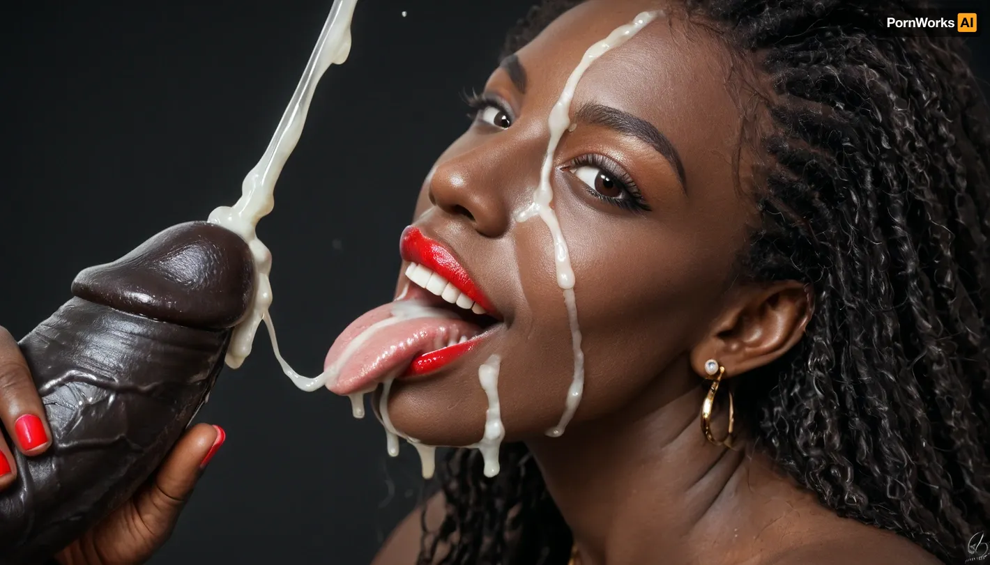 Photorealistic, high resolution, professional photography, (close-up), black african man, handjob, zoom on testicles, huge erection, (ejaculation:1.6), cum on testicles, side view, (beautiful naked balck african milf licking cum from testicles), (looking at viewer), front view, (Macro photo), (close up), (african), bsolutely black skin, deep ebony skin, African, Nigerian, Nubian, (((absolutely black skin))), long straight black hair, sleek long hair, dark eyes, beautiful, haircut, black hair, (detailed brown eye), (the eyes are smiling), (detailed iris), (open mouth), (red lipstick), (eyes wide open), (extended tongue), (detailed tongue), (head between the legs:1.3), black room, black background, (Cum details), realistic cum, Prominent cum, (white cum:1.7), cum on, (Cum flows:1.2), cum on head, (cum on face:1.3), cum, face, Face covered in cum, (A lot of cum:1.5)