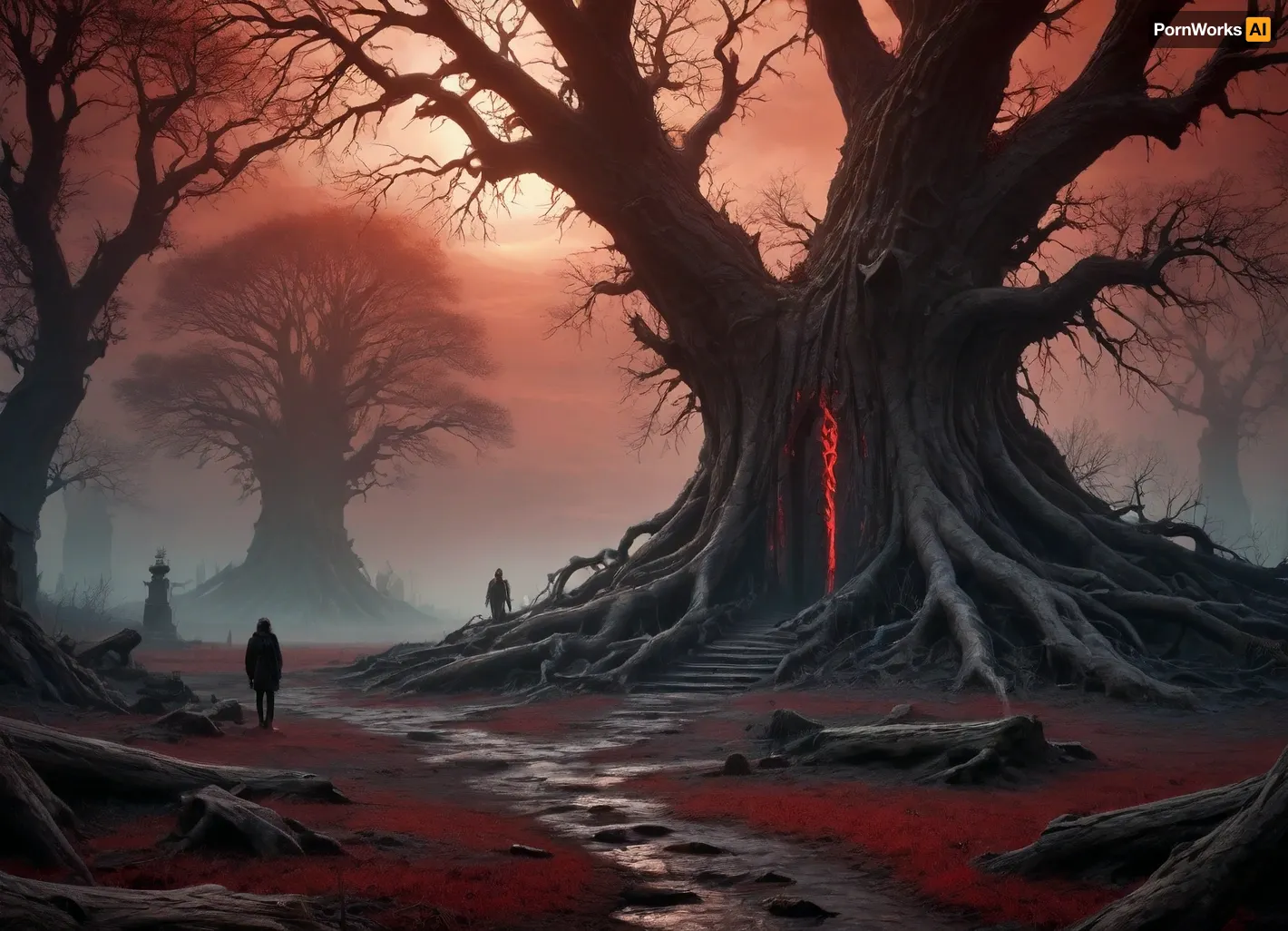 fantasy apocalypse, dark dystopian world, ruined ancient city overgrown with roots and crystals, blood-red sky with ominous black clouds, glowing magical runes on cracked ground, group of survivors in tattered cloaks and bone armor, shadowy creatures and mutated beasts roaming the ruins, massive otherworldly portal leaking dark energy, ethereal ghosts floating in the air, dark forest with bone-like trees and glowing veins, cinematic lighting, high detail, dark fantasy aesthetic, death symbolism, contrast of light and shadow