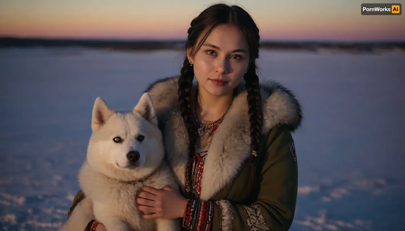 Siberian snowy tundra, night, northern lights, national dwelling from skins, chum, near the chum squats a beautiful young Evenk girl, wearing beautiful fur national clothes, clothes decorated with beads and national northern embroidery, long black hair is braided into two pigtails, the top of the parka is unbuttoned, ((the girl's breasts are barely covered, one nipple is visible)), the girl is hugging a fluffy Siberian husky, full-color picture, 8K quality, the whole body is in the frame.