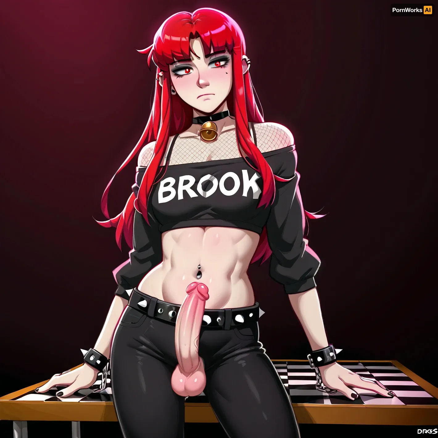 dross style, alluring shemale 90s style, 90s Aesthetics, emo 1girl, black emo hair, long hair with bang, checkerboard flared pants, low waist wide bell pants, closed mouth, stripped red and black shirt, holding, jewelry, long hair, midriff, (navel black piercing), solo. red checkerboard belt, eyeliner, chains, emo style, fishnet top, spikes, <lora:Late_90s_Japanese_Urban_Fashion:1>, erect-futa, erect-penis, woman, testicles, erection, <lora:SDXLlora13ErFut:.8>