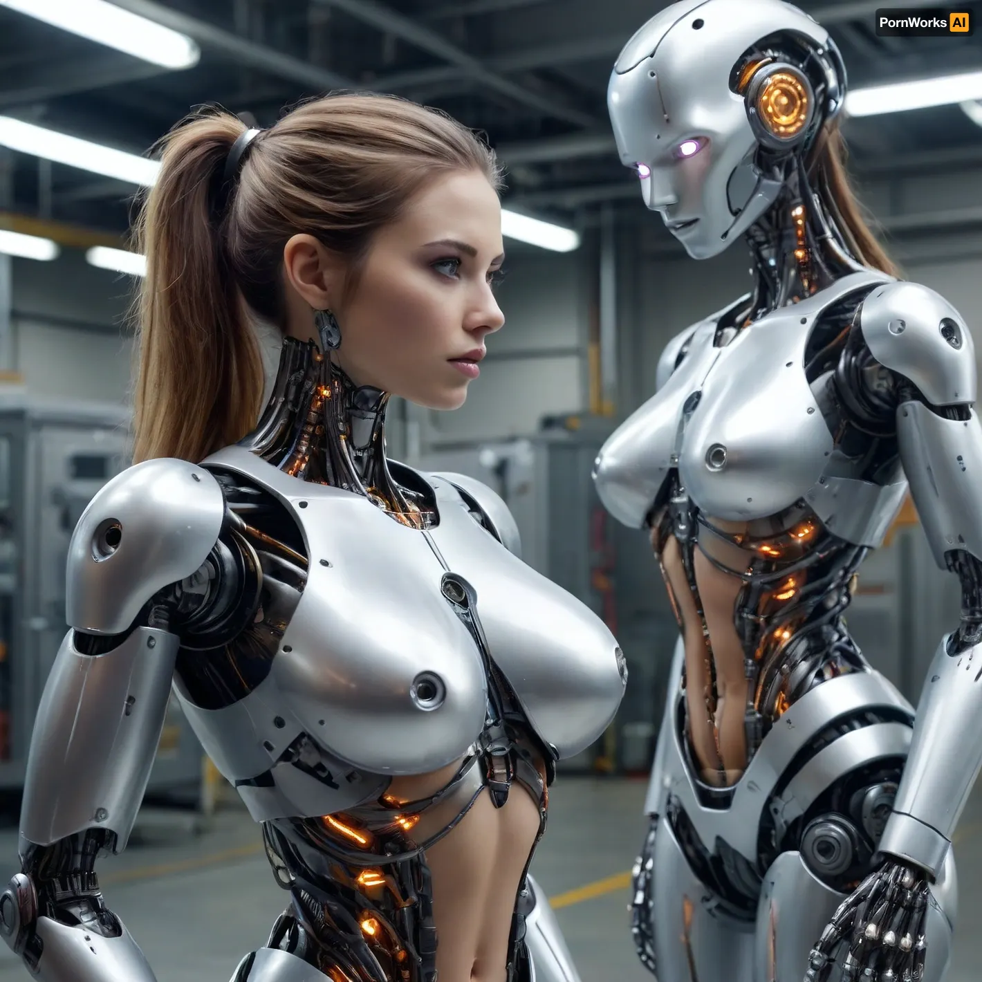 draw a complete metal-energy body of a robot girl, with big robotic tits and a robotic ass. show the whole factory with these robots, how they assemble each other in parts. nanotechnology assemblies are used, and an energy-quantum cybernetic structure system. psyhoenergetic structure.