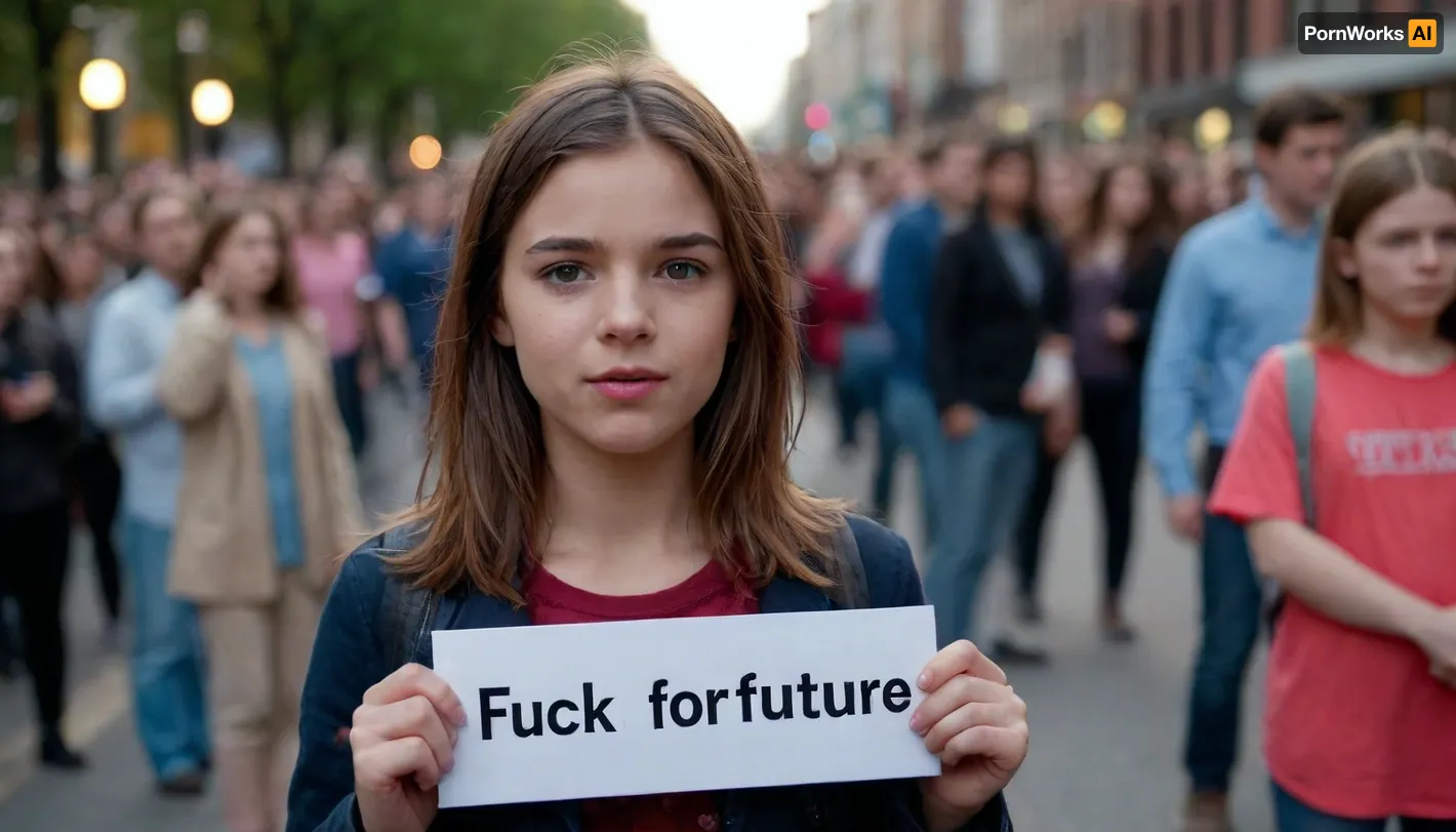 people demonstrating, Cute Girl holding "fuck for future" sign