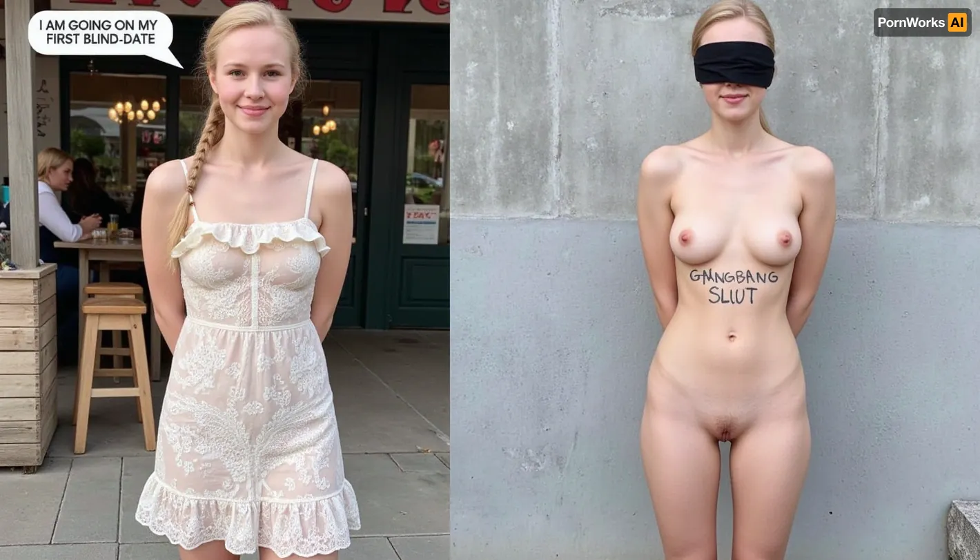 side-by-side two pictures of a young Scandinavian, slim, woman, with blonde hair, french braid. On the first picture on the left she wears a ruffled lace dress, standing in front of a café, speech bubble "I AM GOING ON MY FIRST BLIND-DATE". On the second picture on the right she stands naked in front of a concrete wall, blindfolded, hands behind back, and on her body is written text with big marker "GANGBANG SLUT".