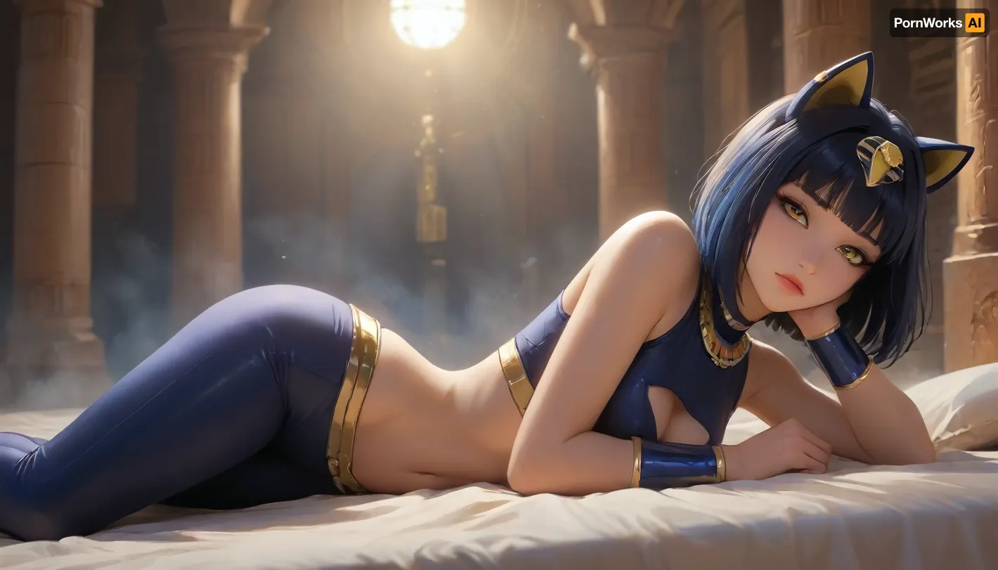 (Ankha from Animal Crossing), glowing golden eyes, (detailed eyes), (perfect eyes), dark blue hair, deep cleavage, seductive gaze, metallic accessories, piercings, dark blue latex crop top with visible underboob, big round boobs, erect nipples, shiny body, toned abs, narrow waist, curvy hips, laying on shiny black surface, Profile view, looking from the side, lying on her stomach, sticking her ass up, head resting on his hands, seductive pose, ancient Egypt room, soft fog, erotic fantasy lighting, NSFW, masterpiece, highly detailed, solo, bangs, eye, focus, sparkle, looking, at, viewer, glowing, eyelashes, <lora:J_cartoon:.3>, <lora:Animated_Concept:.3>, <lora:samdoesarts1.1-000030:.3>, <lora:Jeweled eyes-NAI:.8>
