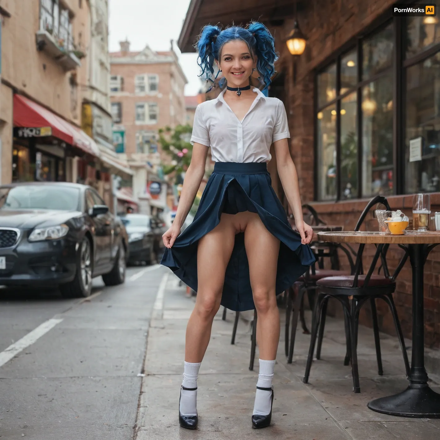 18 year old girl, British, Beautiful, innocent looking, smiling, looking at the camera, blue hair, white shirt open to show breasts, messy pigtails, perfect small breasts, long legs, athletic, legs spread wide open, vagina wide open, pubic hair, tattoos, black high heels, white ankle socks, lifting skirt up, choker, standing up, looking forward, pushing hips forward, front view, in a cafe, masterpiece, photo realistic, best quality, full color