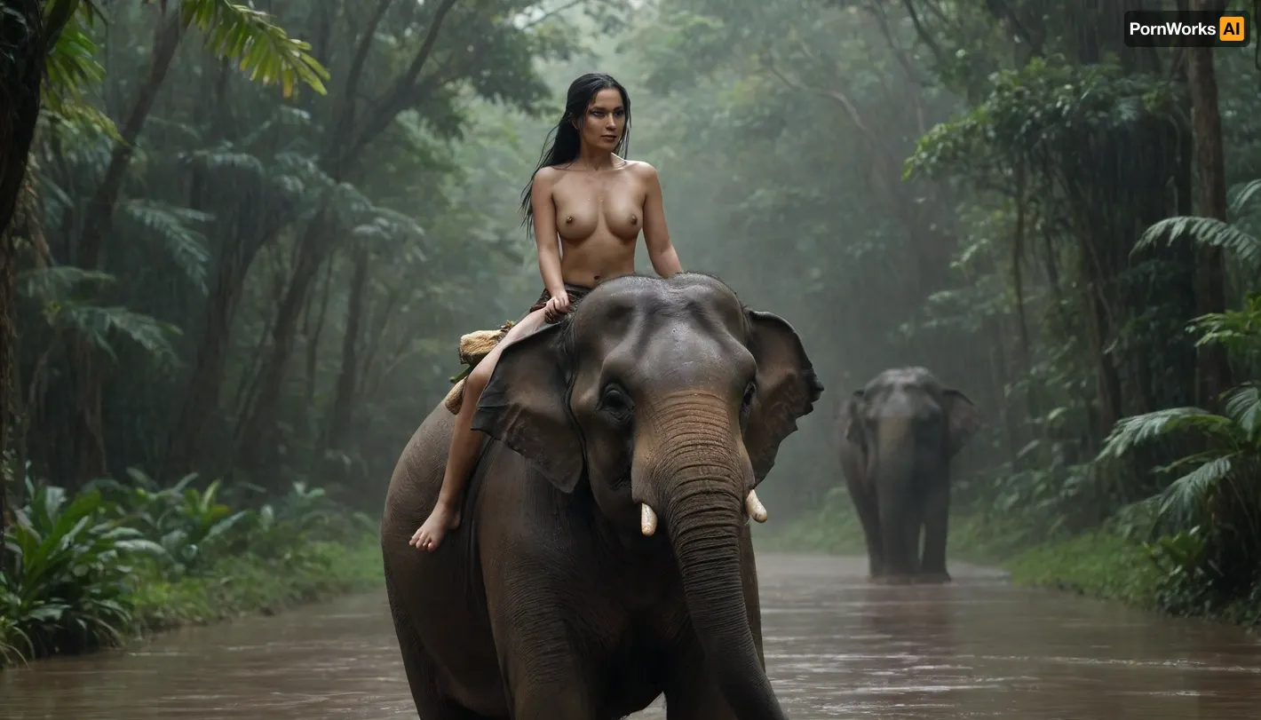 (subject, a nudeThai elephant guide with long black hair in a ponytail riding on the elephant's neckt, description, lush jungle during heavy rainfall, water droplets glistening on leaves and the elephant's wet skin, mist rising from the damp ground, style/aesthetic, cinematic realism with dramatic lighting and rich, earthy tones)