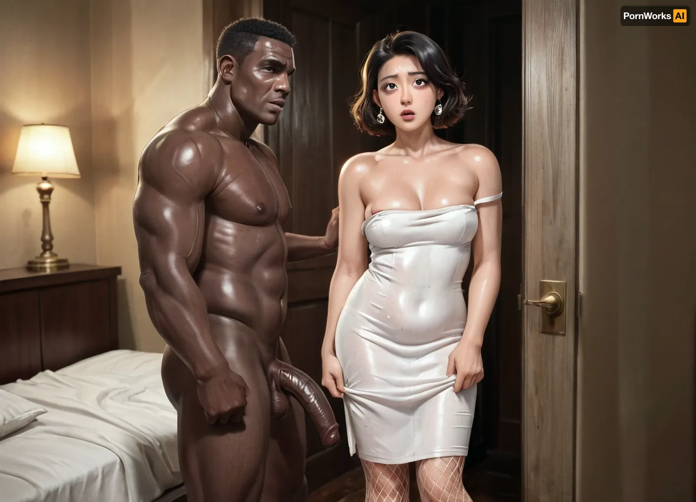 Asian Korean white skined woman with huge black African brute, interracial, (light dress undressing:1.4), (pale woman:1.5), moisture art, reiq art, dross art, short slim chubby woman, beautiful detailed face, big eyes. View through door. naked wife, fishnet stockings, close view, her legs up, scared face, bedroom, ((naked African brute on background)), man standing behind spreading her legs, before sex, she is sitting on bed, wet hair, hulk size black brute, tall man short woman, black men in the room, ((man pushing her to bed)), scared, covering, looking back, ((man stands aside)), perspective, she is far from viewer, big black cock, Low-key, lighting, Style, dim, low, dramatic, partially, shadow, warm, light, style, <lora:add-detail-xl:.8>, <lora:M05_Intensify:.8>