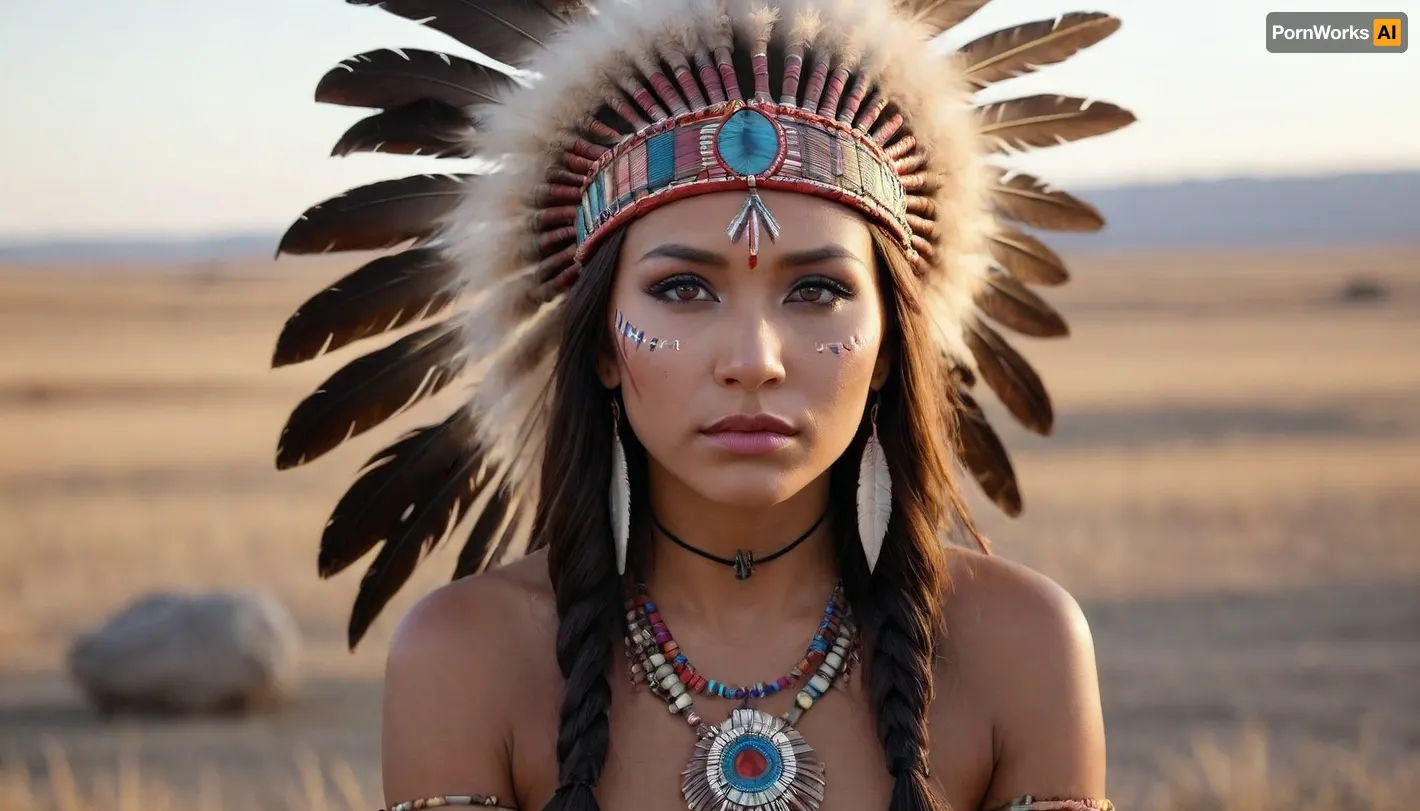 A adult beautiful slender Sioux Indian woman with a large colorful Indian Sioux feather headdress and war paint kneels on the prairie in front of a Native American totem pole, She has a pretty coquettish faded face, elaborate hairstyle, small breasts, detailed crystal eyes, light glowing irises, heartshaped lips, lip gloss, aroused skin, she exhales, dramatic sunset, long shadows, ancient native mood, detailed photo, photorealistic photo, realistic pretty women photo, night vision, soft fokus, parallax, overexposure, #©KITTYART



































#©KITTYART