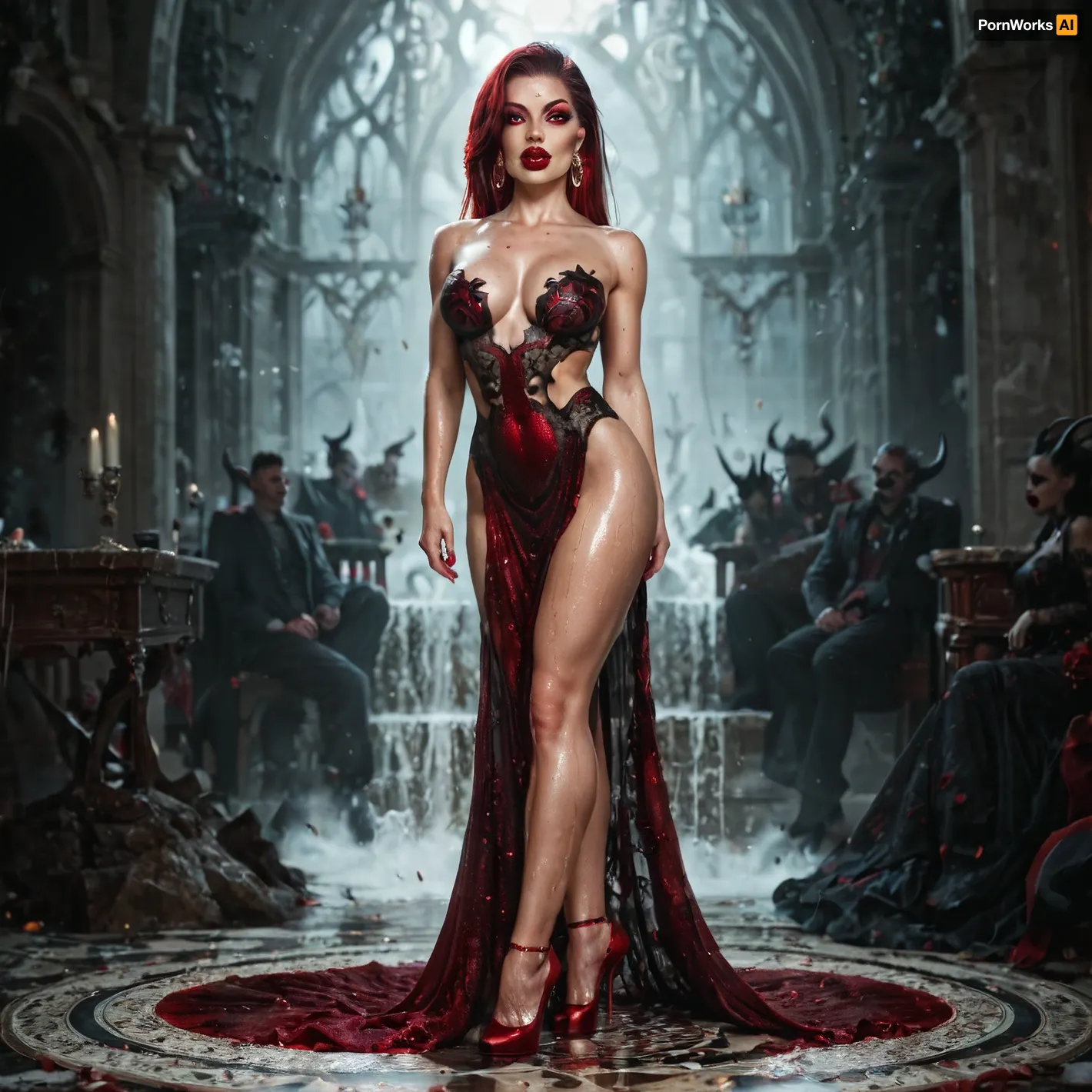 Demonic girl, Well-built, fullbody, big lips, Burgundy lipstick, beautiful detailed body