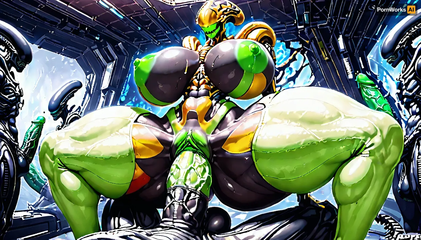 Xenomorph, narrow waist, huge tits, massive ass, beautiful body, black skin like a xenomorph, green pussy.massive cock, (massive cock:1.6), vagina sex, sex from behind, deep penetration, (penetration:1.6), bulge of the abdomen, bulge of the abdomen due to the size of the penis. side view