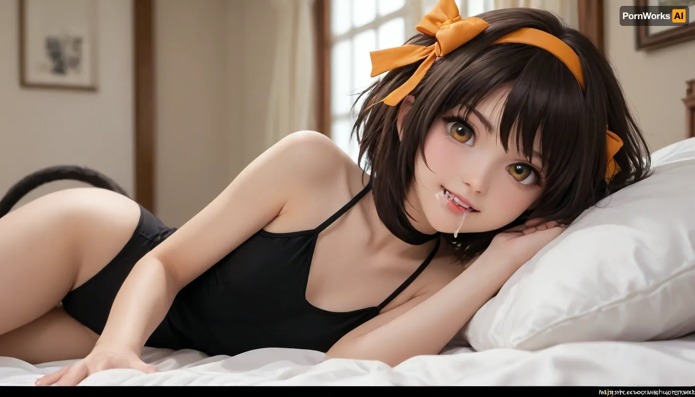 Haruhi suzumiya, orange bow, black cute bunn, (y), ears, black leotard, black bunn, tail, laying on a bed. Cute, devious eyes, smirk, golden eyes, big eyes. Cum in mouth