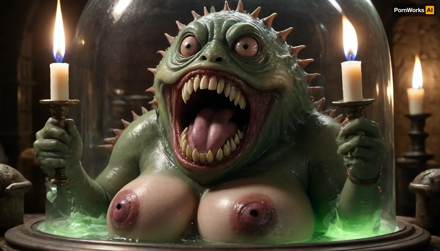 Giant beholder with a big mouth and lots of teeth, in a glass case filled with green liquid in a dungeon dimly lit by torches, its tentacles are reaching out of the case, wears a monocle over its eye, ginormous tits, huge tits, big saggy breasts, (Q cup breasts, lactating tits)