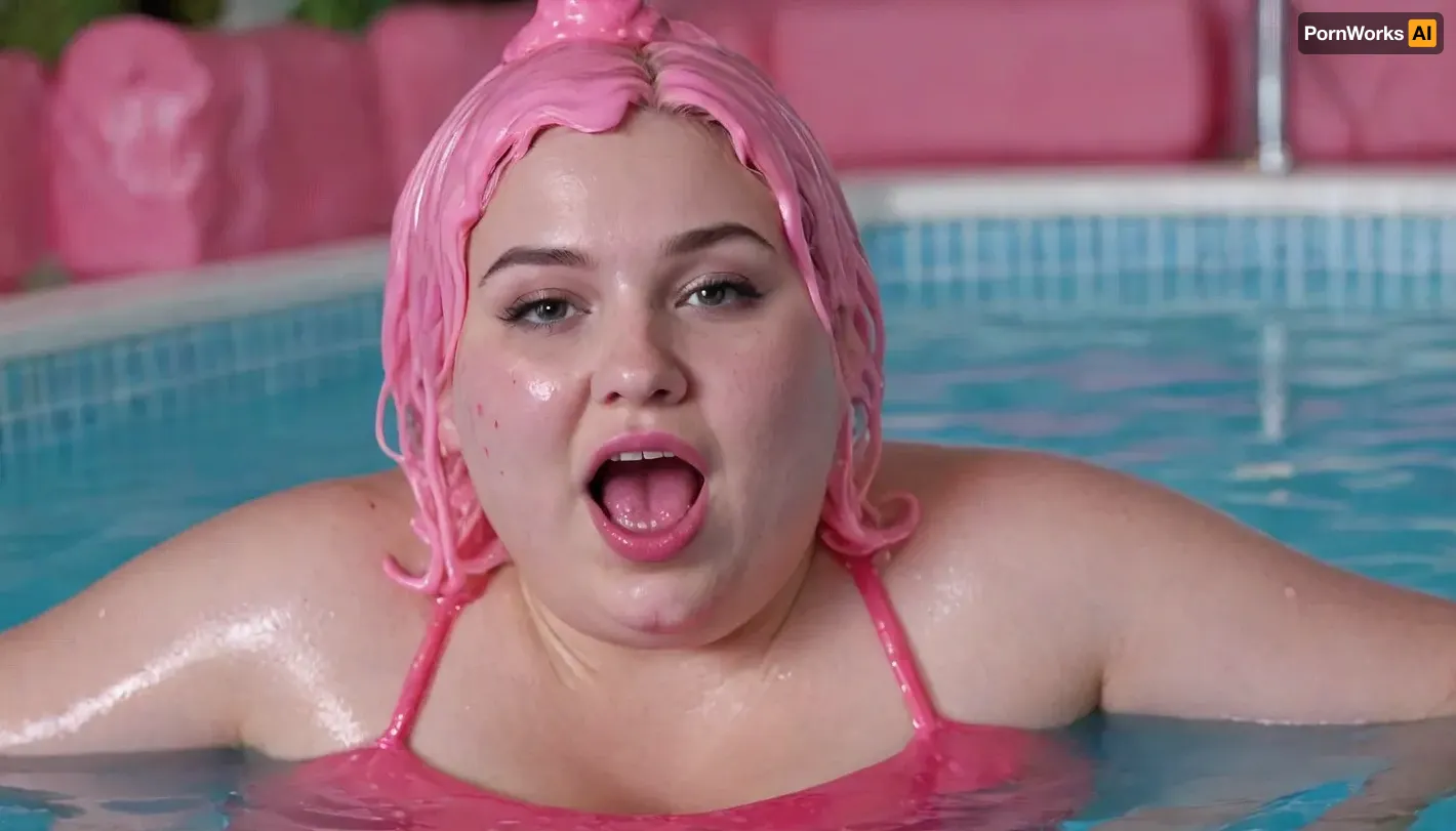 20 year old chubby woman. she is completely covered and smeared with liquid pink slime. hair is completely covered and smeared with liquid pink slime. face is completely covered and smeared with liquid pink slime. mouth with big lips . she is crowling in a pool filled with thick pink slime and she dips her head into the liquid pink slime. liquid pink slime drips from the top of your head. full body shot, seen from the surface of the pink slime, smiling, <lora:Chubby BBW - XL:1.5>, <lora:671422_training_data:.8>