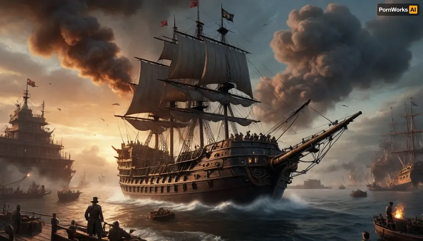 Steampunk illustration, detailed bird's-eye view of a grand battle between a huge steampunk design combat airship and a 19th century pirate steamer. The airship, made of dark polished bronze and brass, with a multitude of gears, tubes and steam engines, throws a huge bomb that looks like a giant, decorated with carvings projectile. The bomb leaves a trail of smoke and sparks. A pirate ship, a three-masted brig made of dark, cracked wood, with black sails, is in the center of the composition, shaken by the explosion, with a destroyed stern and flying debris. Pirates in colorful rags and blindfolds can be seen on the deck, fleeing the explosion in panic. The pirates' clothing consists of torn shirts, trousers made of coarse fabric, leather vests and worn boots. The sky is dark gray, with clouds of smoke from the explosion, illuminated by the bright, cold light of the sun breaking through the smoke. The atmosphere is intense, dramatic, epic. The style is detailed realism, steampunk, in the spirit of classic fantasy illustrations. The texture of metal, wood, and fabric is visible. The depth of field is high, and the focus is on the bomb and the ship. The color palette is dark tones with bright flashes of fire and a glint of metal. The composition is dynamic and diagonal.