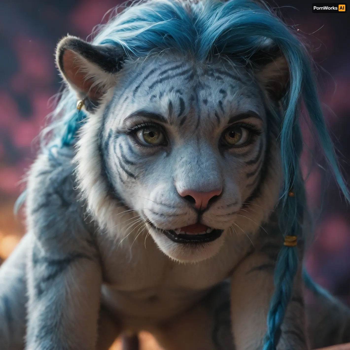 jinx lol, doggystyle, deep penetration, hard sex, Highly detailed Dynamic shot of texture fur adorable pink and blue tiger, extremely detailed fur, High quality texture, intricate details, detailed texture, High quality shadow, Cinematic Light, Depth of field, light source contrast, cosmic jungle background filled with clouds, whimsical fantasy, <lora:SDXLFaeTastic2400:.8>