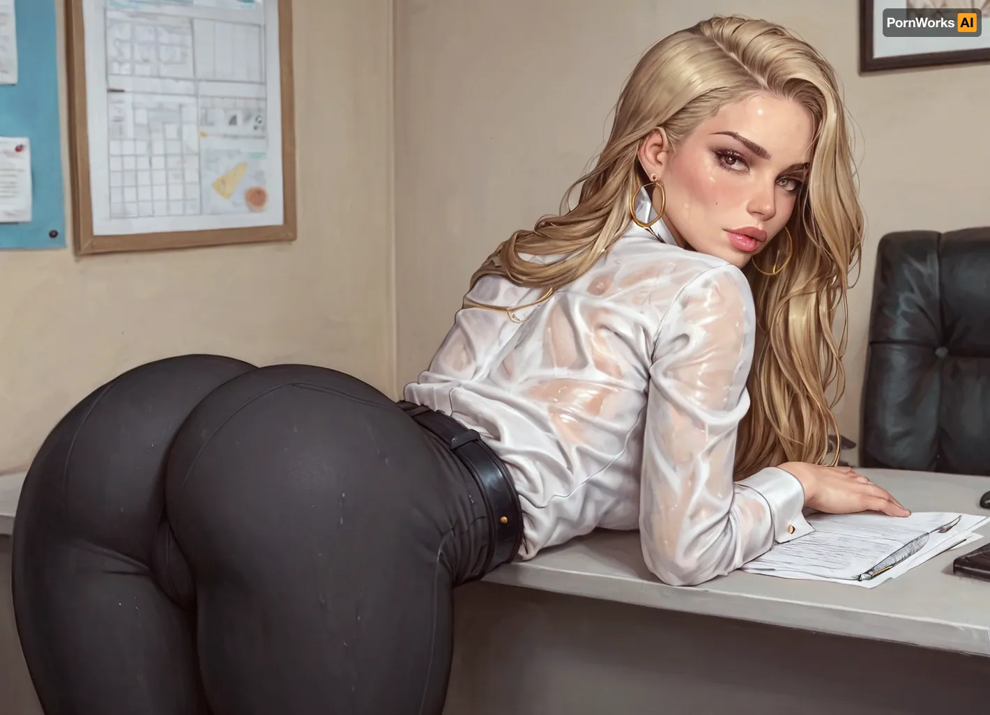 (Asura art style), score_9, score_8_up, score_7_up, score_6_up, 1girl, blond hair, 20 years old, normal face, hdr, blush, wet skin, sweaty, light blonde hair, extremely beautiful, extremely, perfect face, perfect skin, long eyelashes, thick eyelashes, (side view:1.3), shiny pink lip gloss, gold earrings, big lips, (big extremely round buttocks:1.3), extreme bulging butt, butt sticking out, extremely tight butt, looking at viewer, conservative clothes, boss office, full suit, pattern grey suit, tight suit, big waist belt, tight waist belt, lines in suit, smooth pants, no pockets, tight pants, long pants, tight clothing, skin tight, deep buttcrack, (gluteal cleft:1.1), waist, flirty, round eyes, dimorphic feminine face, brown eyes, (deep butt crack:1.1), deep ass crack, bubble butt, bbl, focus on extremely juicy bubble butt, bulging ass, eyeshadow, office, round ass, large ass, fake ass, <lora:EnvyZoomSliderXL01:2>