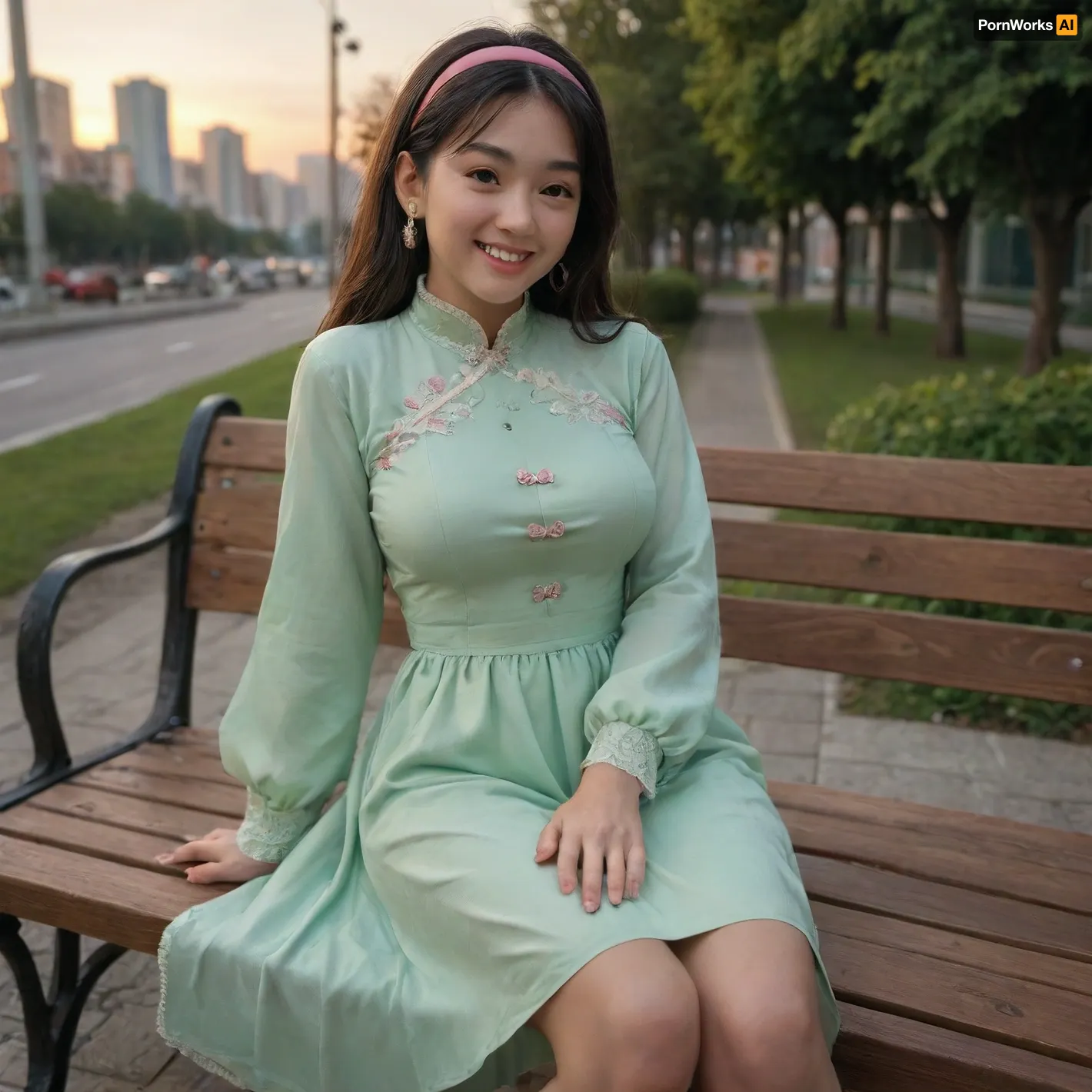 ((A beautiful Chinese young girl, 20 yo)), ((sit on a bench)), (smile, happy face, white teeth), (full body view), (in a city park, morning sunrise), (long straight black hair, pink hair band, long sleeve light green dress with embroidery), big breast, thick legs, thick arms