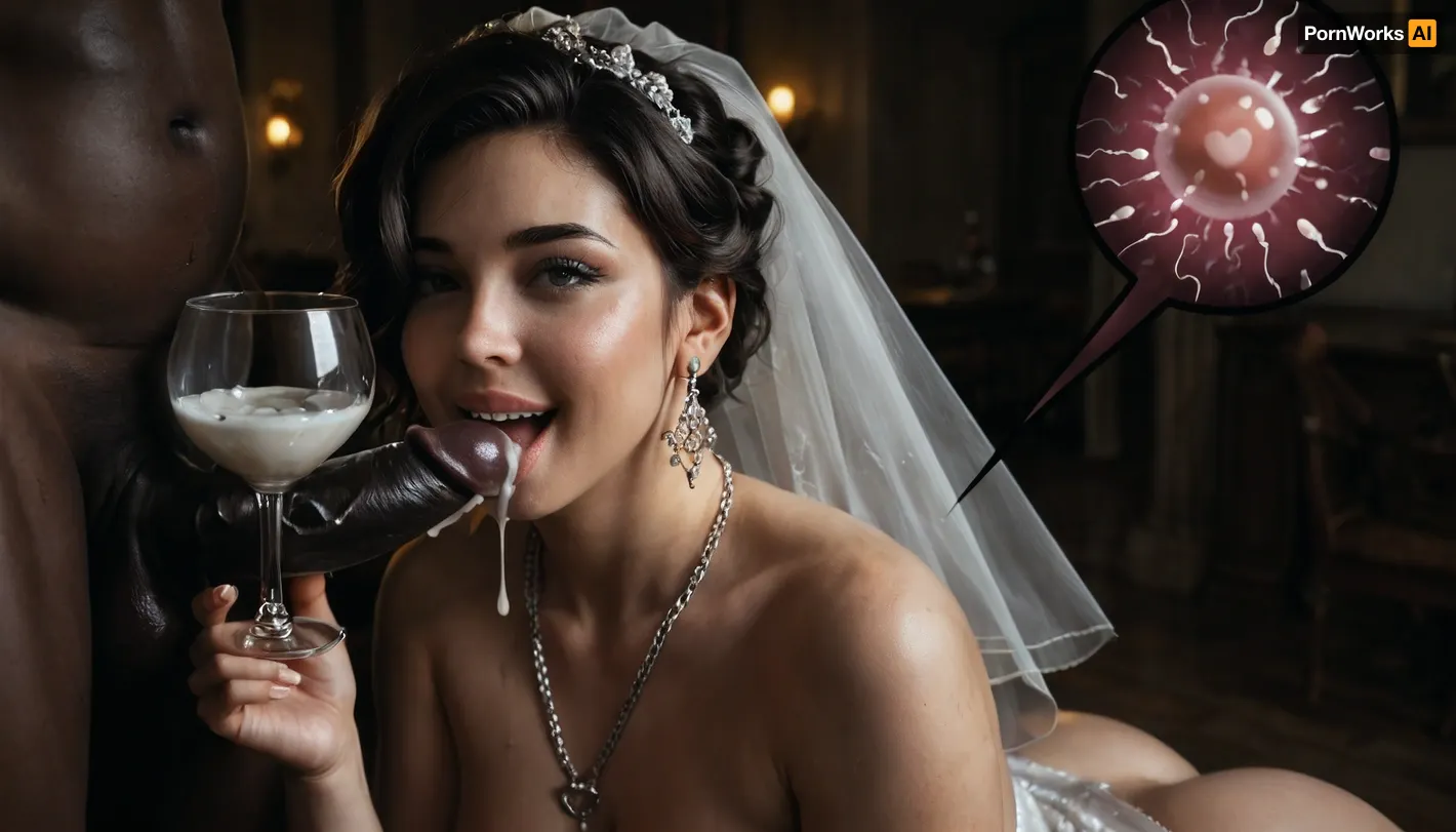 interracial, very large black penis, The happy chubby Persian bride in sexy wedding dress, cum driping bride's chain' cum driping from black penis, drinking sperm from transparent cup, there is glossy and sticky sperm in cup, cup full of sperm, cum swallowing, ((gokkun)), cum dripping from the corners of her lips, ((text on The cup, "BBC Cum")), logo, text, sign, that, says, the, word, <lora:671410_training_data:.8>, <lora:dark:.5>, <lora:texta:1>, <lora:677862_training_data:.8>