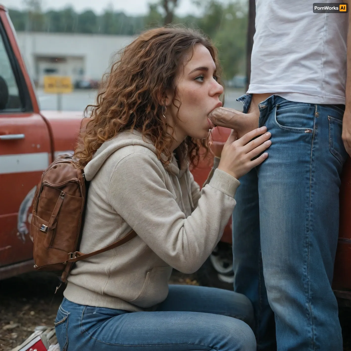 Wide shot, from 15 feet away, side view, 18 year old Irish redhead girl, wearing tight jeans and a hoodie and high top converse and backpack, kneeling by the open door of the driver of a big rig parked at a truck stop, deepthroating the driver's thick cock fully clothed, driver sitting in the truck, very freckled, very red symmetrical lips, round green eyes, greek nose, very detailed long curly hair, round D sized tits, natural skin tone, in the rain, perfect fingers and hands, blowjob, deepthroat, cum overflowing from mouth, detailed bottom, <lora:580159_training_data:1>