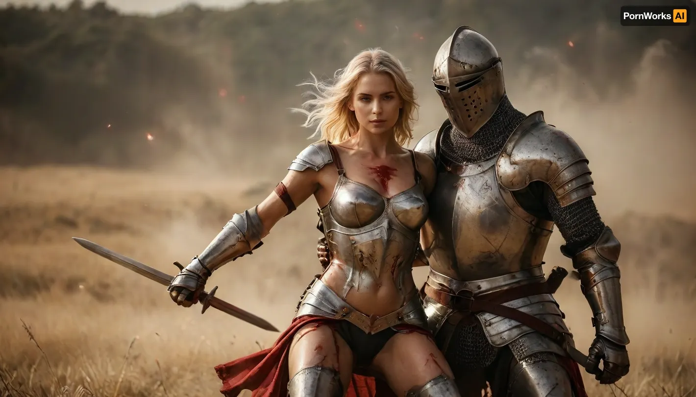 Full-body view of a slender, flat-chested, sexy blonde knight after a bloody battle. Her clothes are torn from battle, her armor broken. Covered in blood and sweat, she has passionately vaginally casual sex with a proud knight in armor but without a helmet., (They celebrate their victory with sex), Various sexual positions with an attractive knight against the backdrop of a detailed battlefield that disappears into blur. Perfect face, perfect hands, It is a late summer afternoon. The sun is low and illuminates the scene from behind. Sunbeams break beautifully over the battlefield. Orgasm, satisfied, gratified, smiling. The focus is on the couple, The entire image is technically designed to create dramatic atmosphere contrasted to the battle. DonM1uth3rXL, sunlight_str1, <lora:tbh71-sdxl:.2>, <lora:sunlight_str1-SDXL_v1-dim64-steps1691:2>