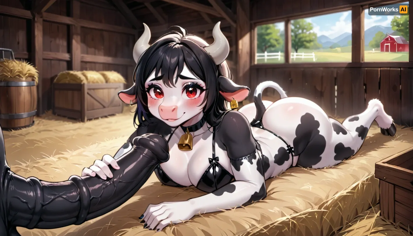 1femboy, ((furry horned cow femboy laying in barn)), cow anthro, looking at viewer, ashamed, blushing, short Holstein pattern fur, cows head, alone, makeup, black muzzle, (large black horse cock), feminine, cute, curvy, thick ass, red eyes, nude, innocent, young, seductive smile, <lora:FursuitXL:1>, <lora:Hegre-Nude_woman-000001:.5>, anthro cow has large black horsecock, long black hair down, all black penis, c cup breasts, dick is bulging in latex lingerie