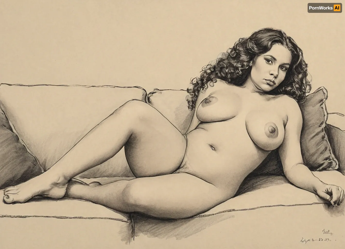 score_9, score_8_up, score_7_up, A detailed black and white pencil drawing with clean lines and meticulous shading, sketch of a nude woman with long curly hair, she laying on sofa, soft features, and a serene expression. The drawing should have delicate shading and intricate details, capturing the essence of the subject with fine pencil strokes, background is be simple, allowing the focus to remain on the portrait itself, drawing, by, NTY, v0ng44g, sk3tch, .8>, she is curvy, sexy, medium tear drop tits, large areolas, thick waist, wide hips, big ass, fat thighs, light hair on pussy, (curvy:1), 1, puffy, nipples, dark, ghost, wide, <lora:sketch_it:1.3>, <lora:Nipples XL:.5>