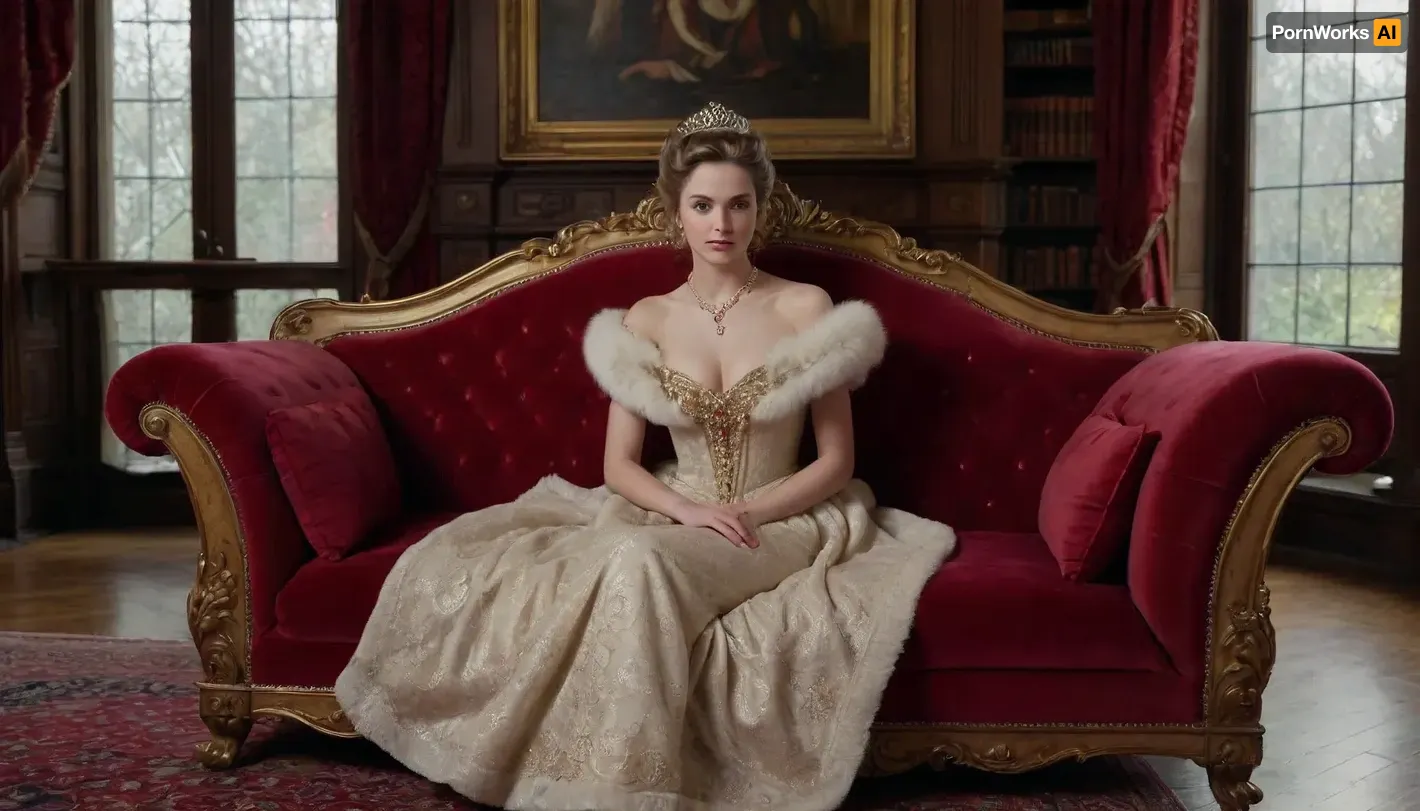 A beautiful portrait of a Victorian-era aristocratic woman lounging gracefully on a lavish red velvet sofa in an extravagant library. Dressed in an exquisite gown embellished with golden embroidery and layers of ruffled fabric, she radiates elegance and sophistication. Her sparkling tiara and fur-trimmed shawl enhance her regal presence, while the grand decor, stained glass windows, and antique furnishings contribute to the scene's timeless luxury.