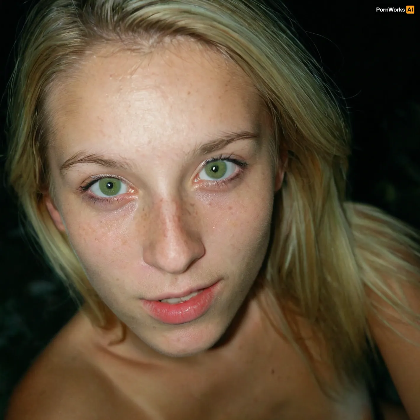 Iphone shot, amateur selfie, gorgeous young girl, long blonde hair, green eyes, freckles everywhere, tight and firm, 18 years old girl, naked, very slim girl, Best quality, realistic, slim waist, small perky fake breasts, proudly presenting her beautiful breasts, Looking at the camera, fresh face, shy look, very petite girl, very detailed, <lora:eGirls_XL_v1:.7>, macro shot, depth of field, soft front light, HDR, (muted colors:1.2), Canon RF 100mm F2.8L Macro IS USM, Kodak Portra 400 color film. Nostalgic, film-grain aesthetic., with an overall underexposure of 1-2 stops to accentuate the darkness and isolation of the environment. Close-up on face. Soft backlight.