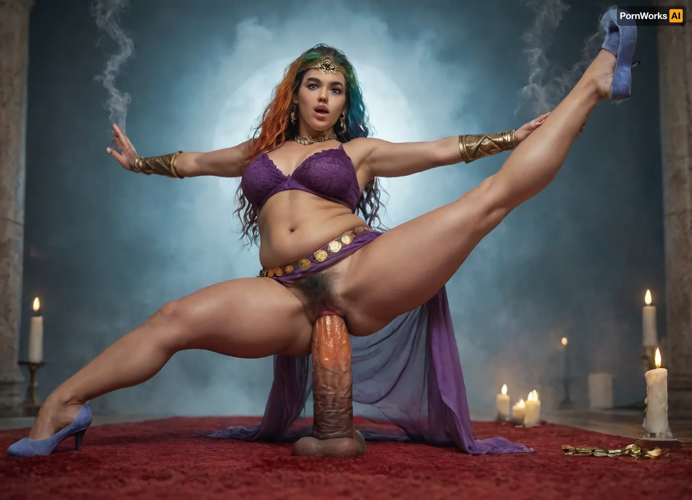cinematic, close-up, 10-15x zoom, A magical Genie woman in a glass dome being surrounded by orange green blue smoke with a red rug long rainbow hair is levitating lifting both legs in the air, raising her hands to showing her strength, enjoys swirling orange smoke with gauntlets made of smoke while having extreme pussy penetration by gigantic dildo, twisting blue smoke, swirling green smoke, (solo, girl, woman, 24yo, Genie, long rainbow hair, bells on belt, (highly detailed face), square chin, wide nose, fat cheeks, dimples, eyes open wide, excited, serious, well-balanced, short, plump, stocky abs, hairy pussy, tanned skin, magical, strong, wise, artist, levitating, (splits:1.4), having extreme pussy penetration by gigantic dildo made of smoke, no anal, raising both legs off ground, purple lace dress, golden headpiece, belly dancing belt, wrist gauntlets made of orange smoke, blue ballet slippers made of smoke, (highly detailed background), smoke in foreground, smoke, fog, swirling smoke, gold coins, candles, twisting smoke, gauntlets made of smoke, red rug, gigantic dildo made of smoke), romantic lighting, dynamic camera angle, telephoto lens