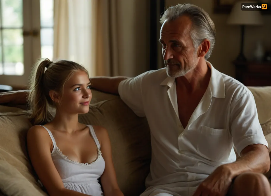 front view, ((1 very beautiful young woman wearing a white very short sundress sitting on a sofa side by side with fully clothed old male man in long trousers and shirt)), medium blonde tight high pony tail, questioning smile, dark blue eyes, tanned, narrow waist, medium breasts, highly detailed, CN, Girl6, but, clothes, <lora:Midjourney Image Enhancer XL v1:.8>, <lora:BUT_SDXL_SHS:.8>, <lora:add-detail-xl:.8>, (little nip slip:1.2)