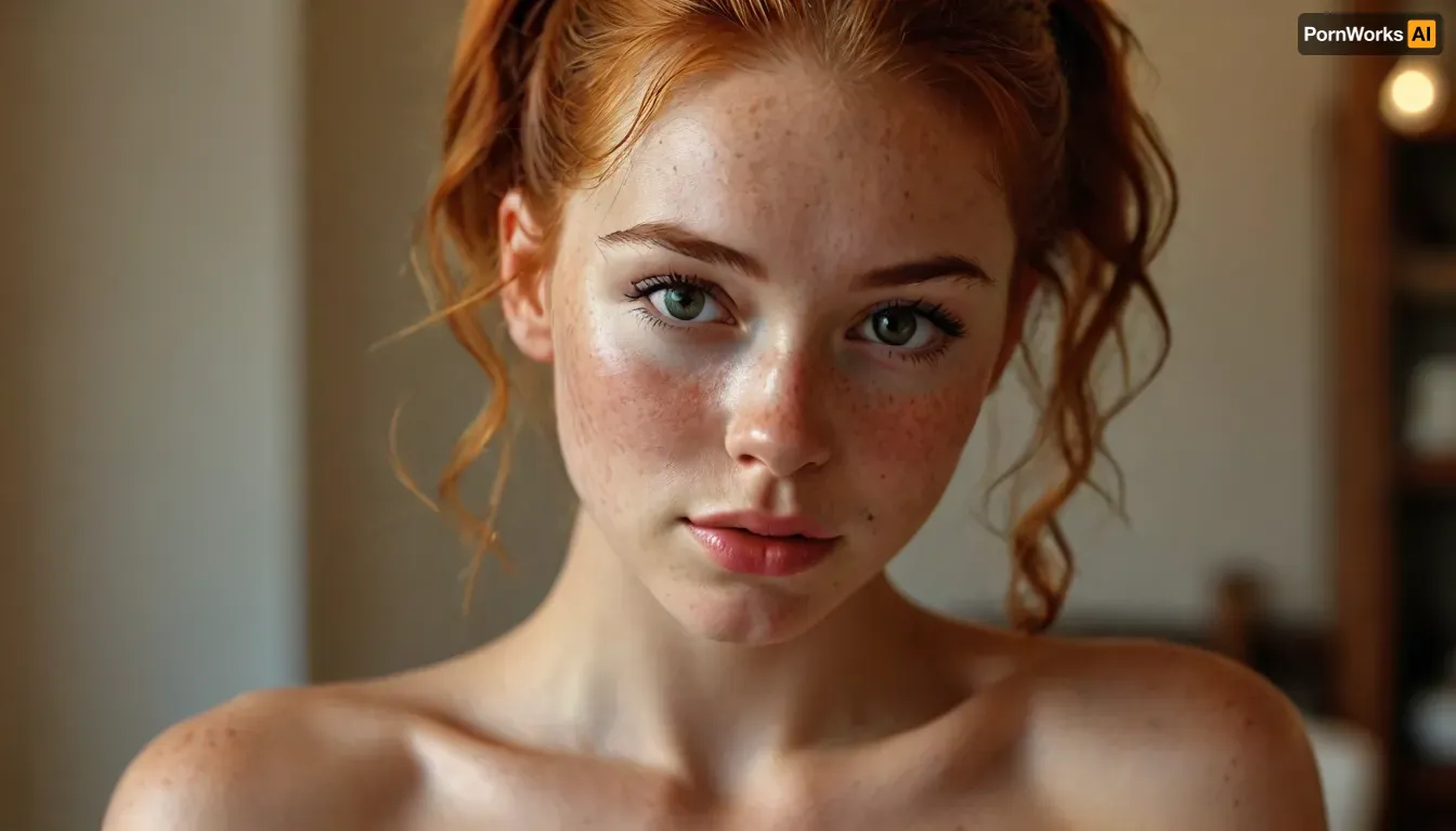 (low light image:1.7), (full body view 2.5), student, communist worker, perfect very cute face, 21 years old very cute girl, firm medium breasted, (overflowing cleavage), ultra realistic skin, horny expression, stunning, sexy, absolutely naked, nudist, innocent, hot, hypnotized loving eyes, very cute loving smile, open mouth, redhead, red hair, (sport ponytail with sidelocks:1.2), gymnastics ass, gymnastics legs, gymnastics steps, gymnastic hands, high cheekbones, small lips, small nose, almond-shaped bold and vibrant look, curvy athletic build, hourglass figure, Rating_explicit, (masterpiece, ultra-detailed, erotic glamour), high quality, cameltoe pussy, blush, blushed, blushing, very much blush on the checks and nose, lots of freckles face, lots of freckles head, lots of freckles body, no makeup, oiled skin, horny face, perfect eyes, <lora:MJ52:.8>, <lora:607315_training_data:1.1>