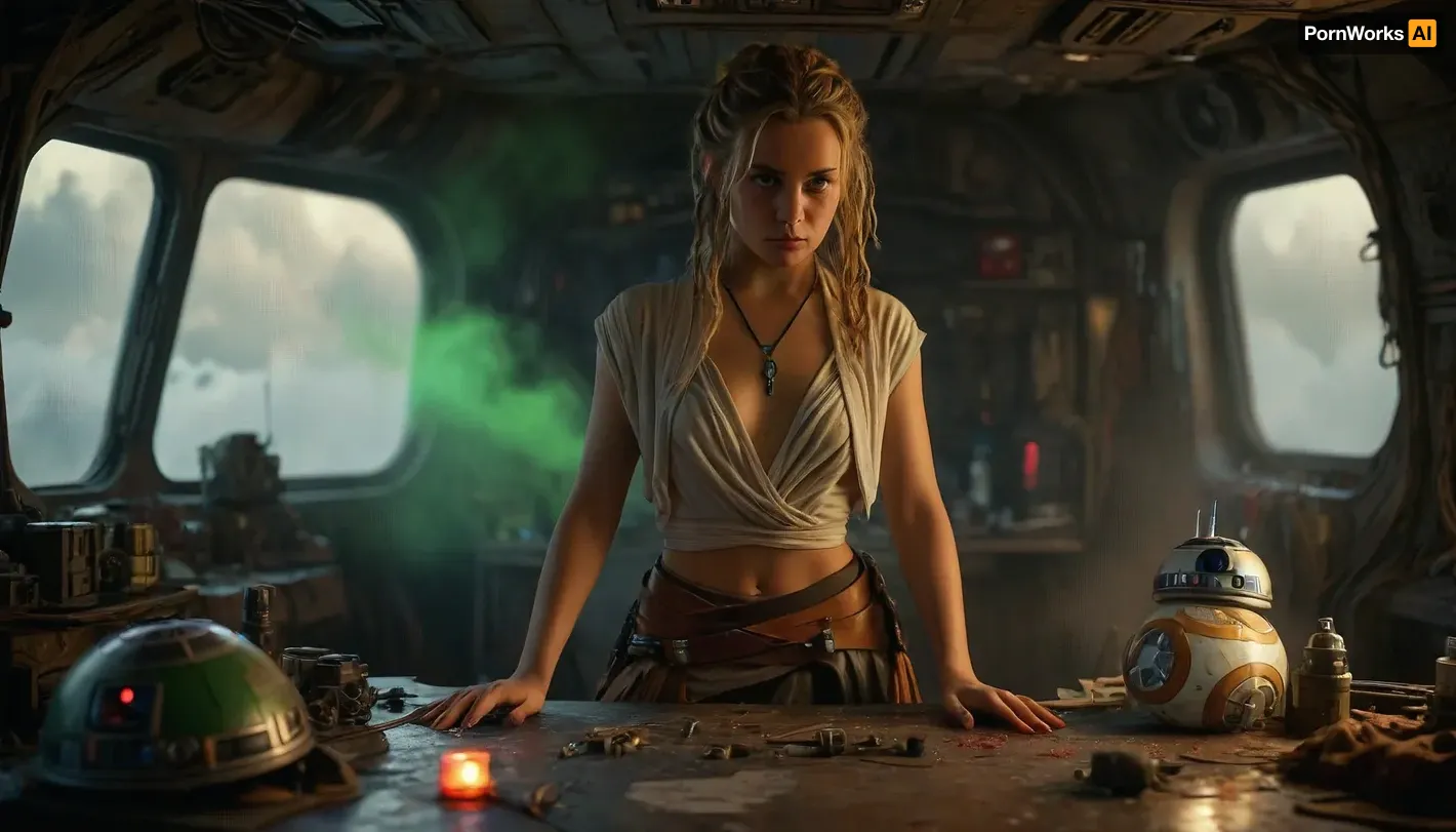 Star Wars Style, full body view of a female Jedi, repairing stuff at messy table, in a messy common room, inside Millennium Falcon, slender, slim waist, blonde matted dreadlocks, flat breasted, tanned skin, lucky charm necklace, beautiful brown leather belt, highly detailed Jedi costume, Jedi toga, perfect face, perfect hands, glass on table, extremely steaming green liquid, R2-D2, dejarik, 8k, high resolution, TIE, fighter, neon_style, cloudy, smoke, atmospheric, clouds, fog, <lora:TIE fighter:.8>, <lora:304304_training_data:.8>, <lora:MJ52:.8>, <lora:Cloudy_Style:1.1>