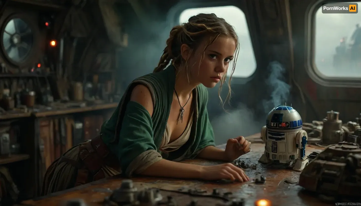 Star Wars Style, full body view of a female Jedi, repairing stuff at messy table, in a messy common room, inside Millennium Falcon, slender, slim waist, blonde matted dreadlocks, flat breasted, tanned skin, lucky charm necklace, beautiful brown leather belt, highly detailed Jedi costume, Jedi toga, perfect face, perfect hands, glass on table, extremely steaming green liquid, R2-D2, dejarik, 8k, high resolution, TIE, fighter, neon_style, cloudy, smoke, atmospheric, clouds, fog, <lora:TIE fighter:.8>, <lora:304304_training_data:.8>, <lora:MJ52:.8>, <lora:Cloudy_Style:1.1>