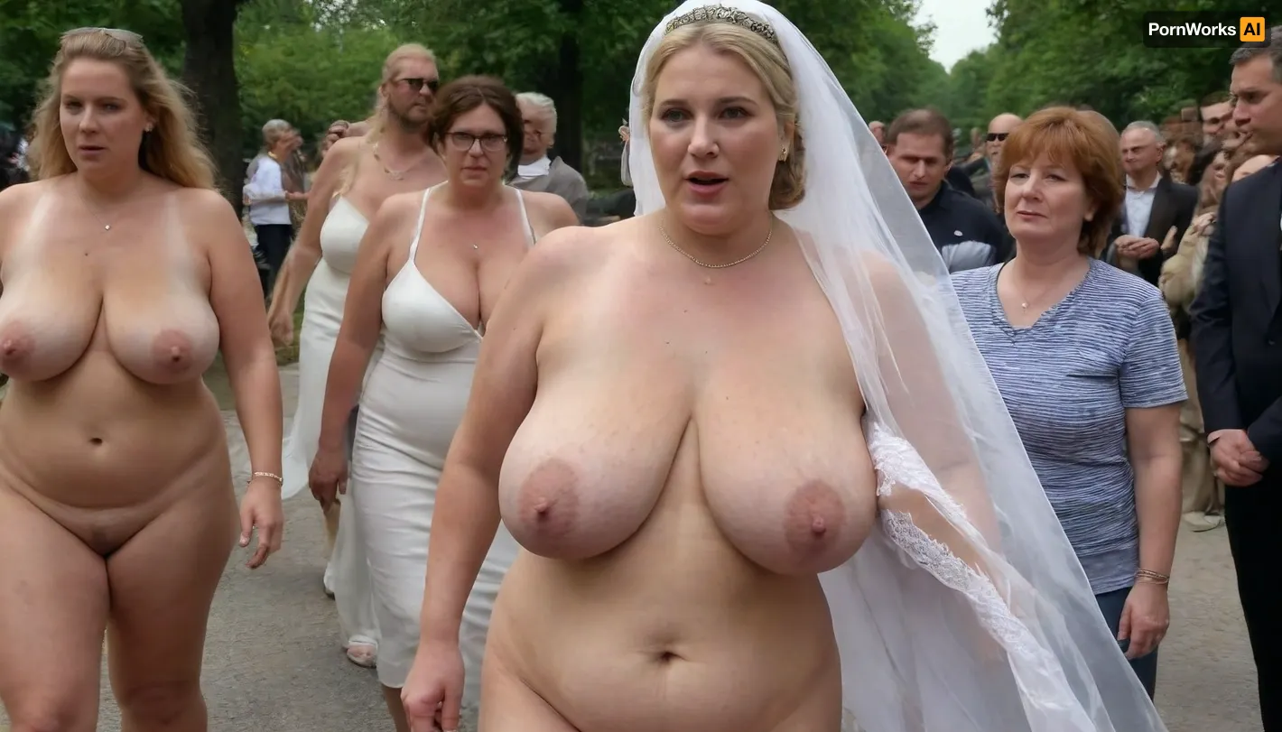 A wedding. Procession. City street. Naked blond obese woman. Well-dressed men in black suits and priests look at the Bride. She is a FAT 58-year-old woman, grandma, (((Full body with head visible))), . She is dressed only with a White veil on her head, White LACE BRA, naked body, no clothes, wrinkles, GLASSES, GRAY hair, collar, leash, ((daylight)), HD, true colors, detailed portrait. No blur, 8k, ultra HD photorealistic full height 8k, <lora:sagging-000015:.3>, plump, skindentation, chubby, bbw, venus, body, big, breasts, ass, <lora:Chubby BBW - XL:1.5>, (holding, with, mouth), <lora:356728_training_data:.8>, stretch, marks, <lora:stretch_marks:.8>