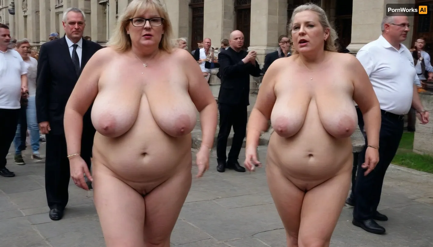 A wedding. Procession. City street. Naked blond obese woman. Well-dressed men in black suits and priests look at the Bride. She is a FAT 58-year-old woman, grandma, (((Full body with head visible))), . She is dressed only with a White veil on her head, White LACE BRA, naked body, no clothes, wrinkles, GLASSES, GRAY hair, collar, leash, ((daylight)), HD, true colors, detailed portrait. No blur, 8k, ultra HD photorealistic full height 8k, <lora:sagging-000015:.3>, plump, skindentation, chubby, bbw, venus, body, big, breasts, ass, <lora:Chubby BBW - XL:1.5>, (holding, with, mouth), <lora:356728_training_data:.8>, stretch, marks, <lora:stretch_marks:.8>
