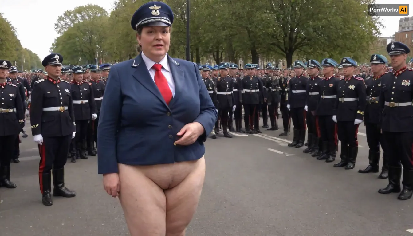 ((no skirt:1.5)), no panties on a OBESE 51-year-old European woman, grandma with hidden shaggy tits and shaggy belly under buttoned BLACK BLUE Military general parade suit. Shaved pussy is visible. BLACK hair, ((wrinkles:1.5)), . RED lipstick on thin lips, BLACK makeup, ((glasses:1)), . She is dressed only with, ((buttoned BLACK BLUE Military general parade suit:1.5)), buttoned up on the tits, ((officer's peaked CAP:1.5)), ., ((NO skirt:1.5)), NO PANTIES. long boots, belt, ((shaved pussy visible:1.5)), full figure visible, outdoor, war parade, realistic image, ultra HD, 8k, ((daylight)), HD, true colors, detailed portrait. No blur, VIVID COLOR full height 8k, megachubsdxl, morbidly, obese, <lora:megachubsdxl_13:.2>, <lora:uniform:1.5>, sagging, breasts, <lora:sagging-000015:.1>