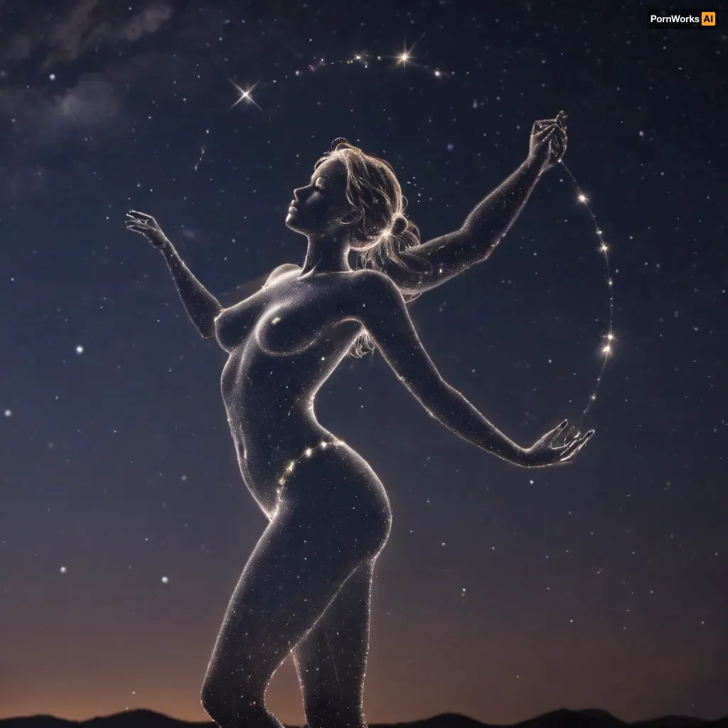 night sky. A strip of the horizon is visible, The transparent silhouette of a dancing sexy Goddess of Love is made up of stars. She is a constellation in the sky. The constellation shines much brighter than all the others.

A mysterious naked transluent silhouette of a sexy woman made of starlight, ((a transparent silhouette of a sexy woman made out of constellation style and signs with stars)), hold in hand moon, <lora:c0nst3llation:1.2>